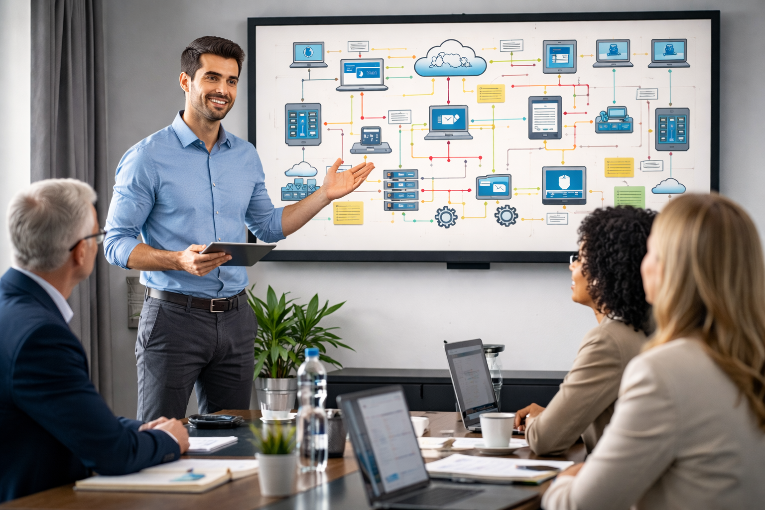 Web developer presenting a software architecture diagram to business professionals during a system design meeting