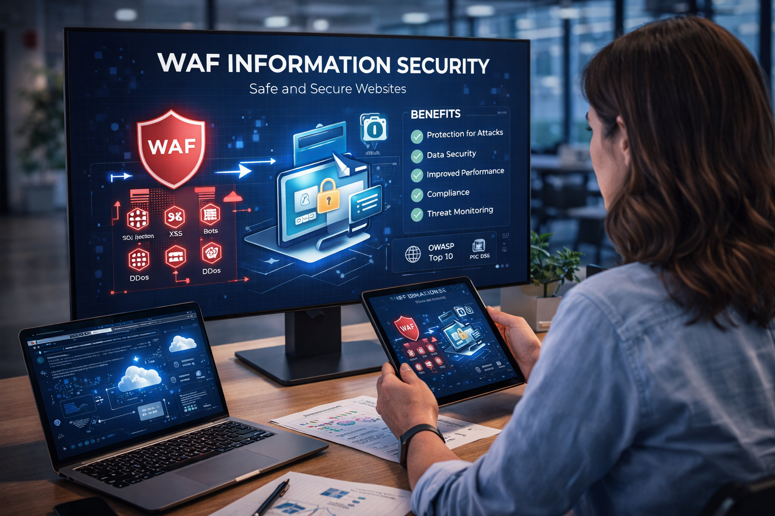 Woman IT professional monitoring WAF information security to protect websites from cyber threats in a modern office