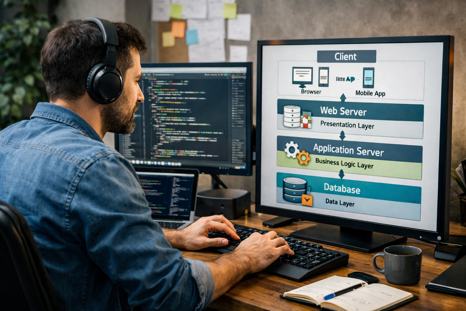 Web developer writing code while reviewing three-tier web app architecture diagram on dual monitors