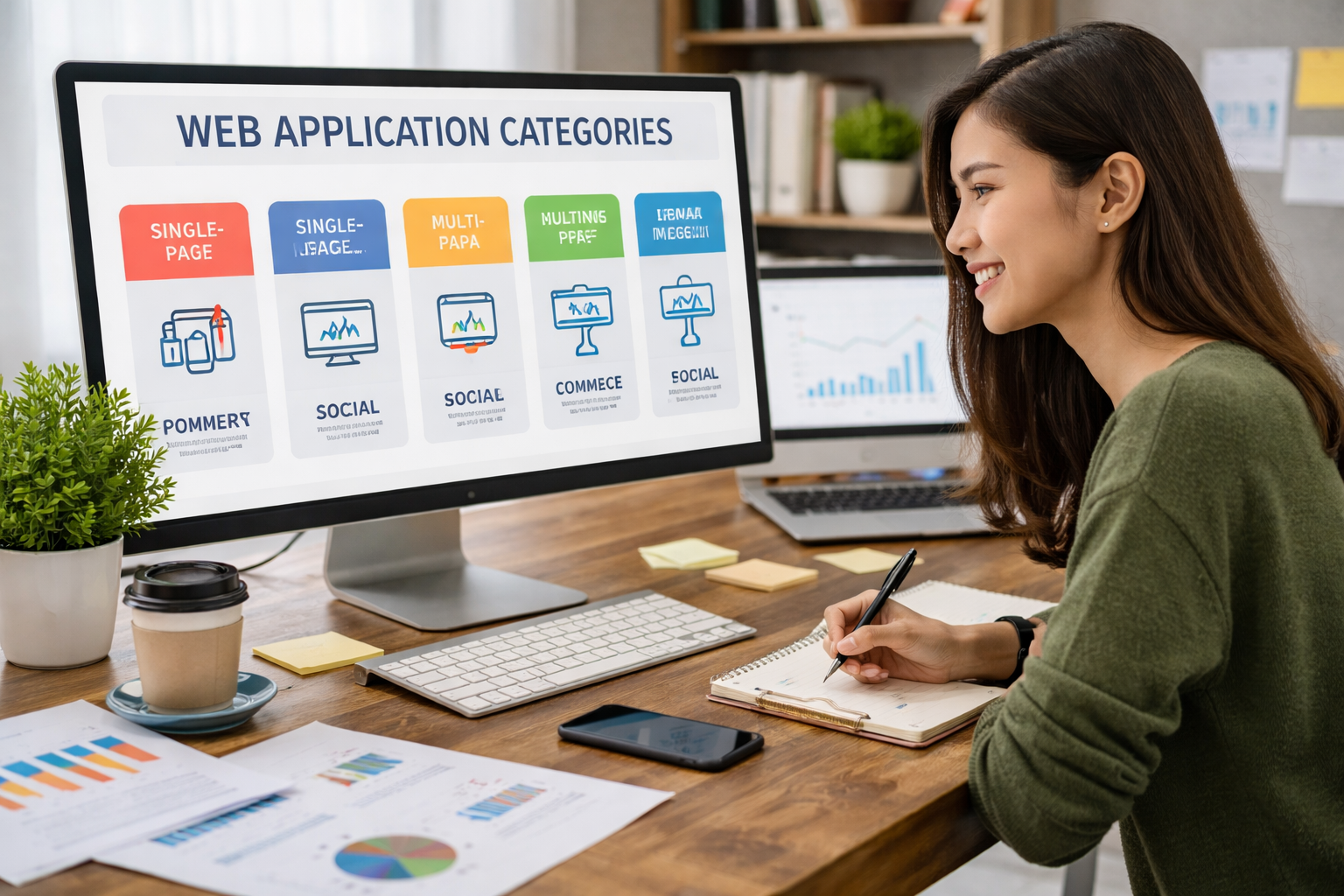 SEO consultant analyzing web application categories and types of web apps on a computer dashboard