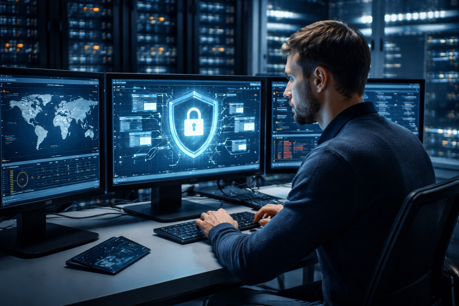 Server administrator monitoring web application firewall to protect websites from cyber threats in a secure data center