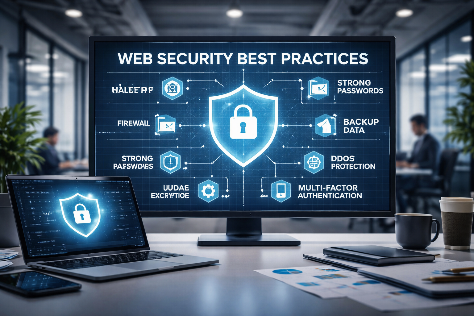 Web security best practices displayed on screen to protect website data and prevent cyber threats in a modern workspace