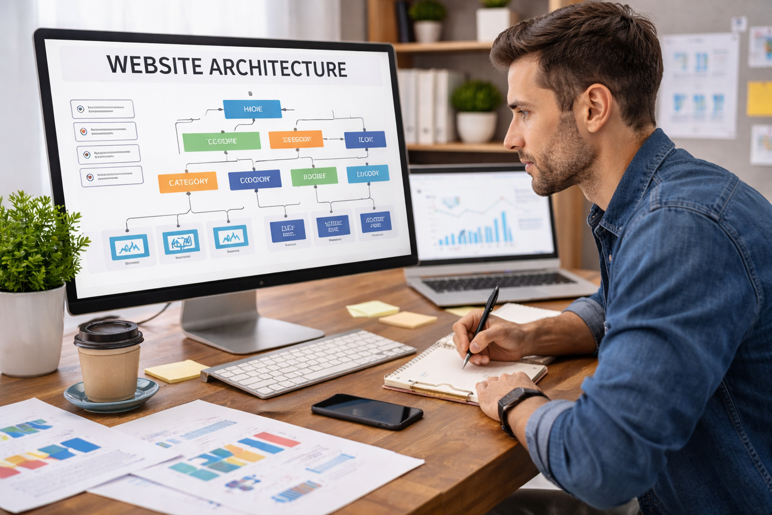SEO consultant planning website architecture and site structure on a computer dashboard
