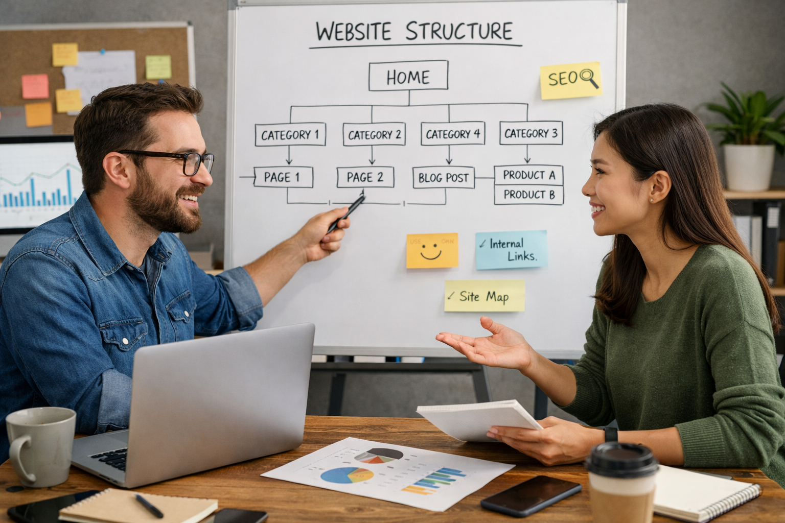 Web developer and SEO consultant discussing website structure and site architecture planning for SEO and usability