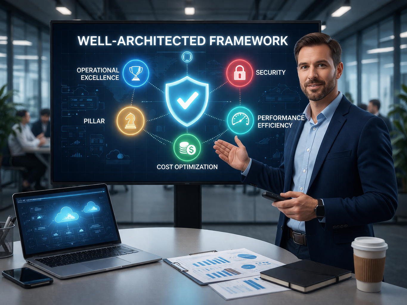IT professional presenting well architected framework to design scalable, secure, and efficient cloud systems in a modern workspace