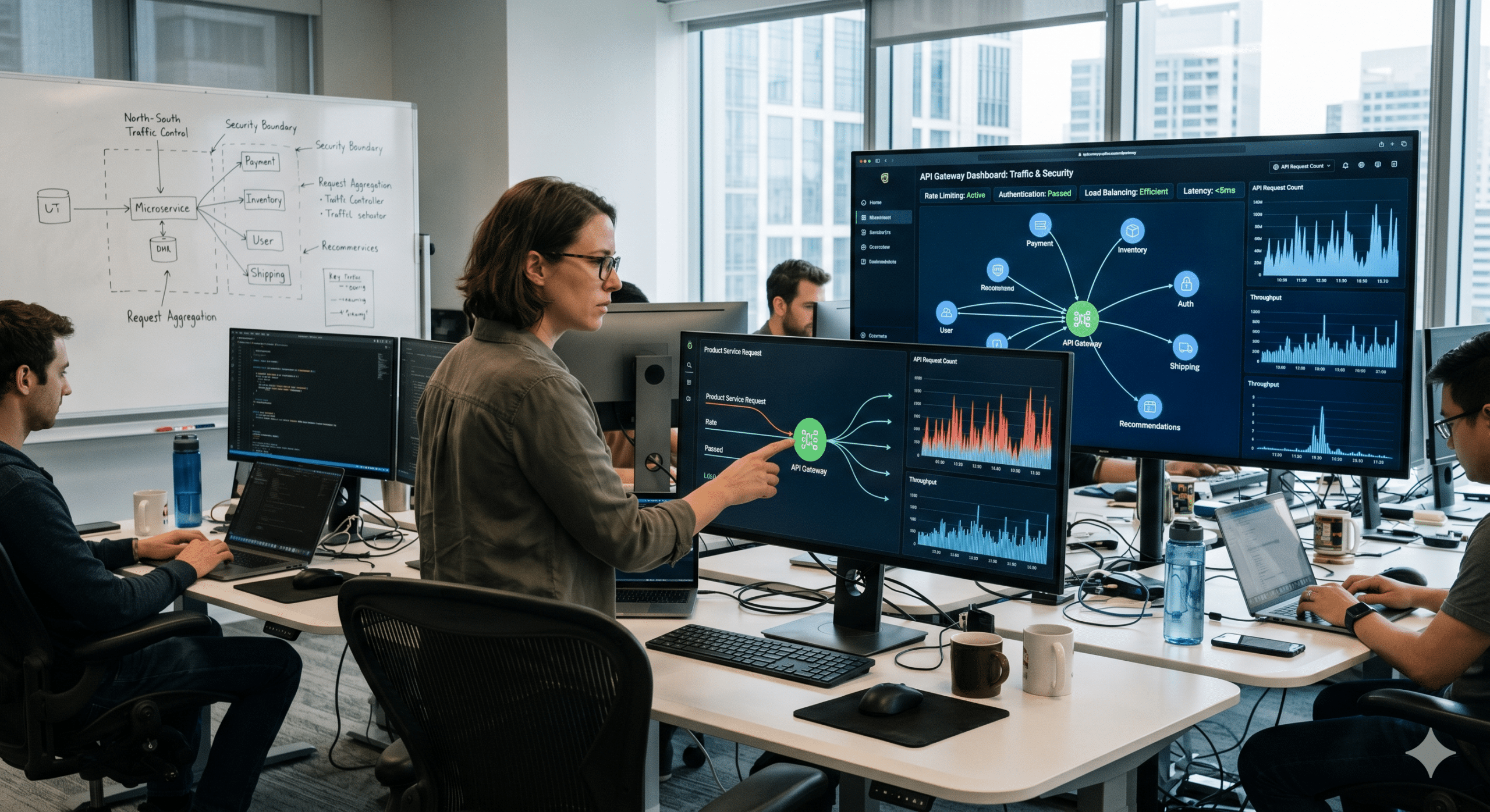 API gateway dashboard managing microservices, traffic routing, security monitoring, load balancing, and application performance in a modern software development environment