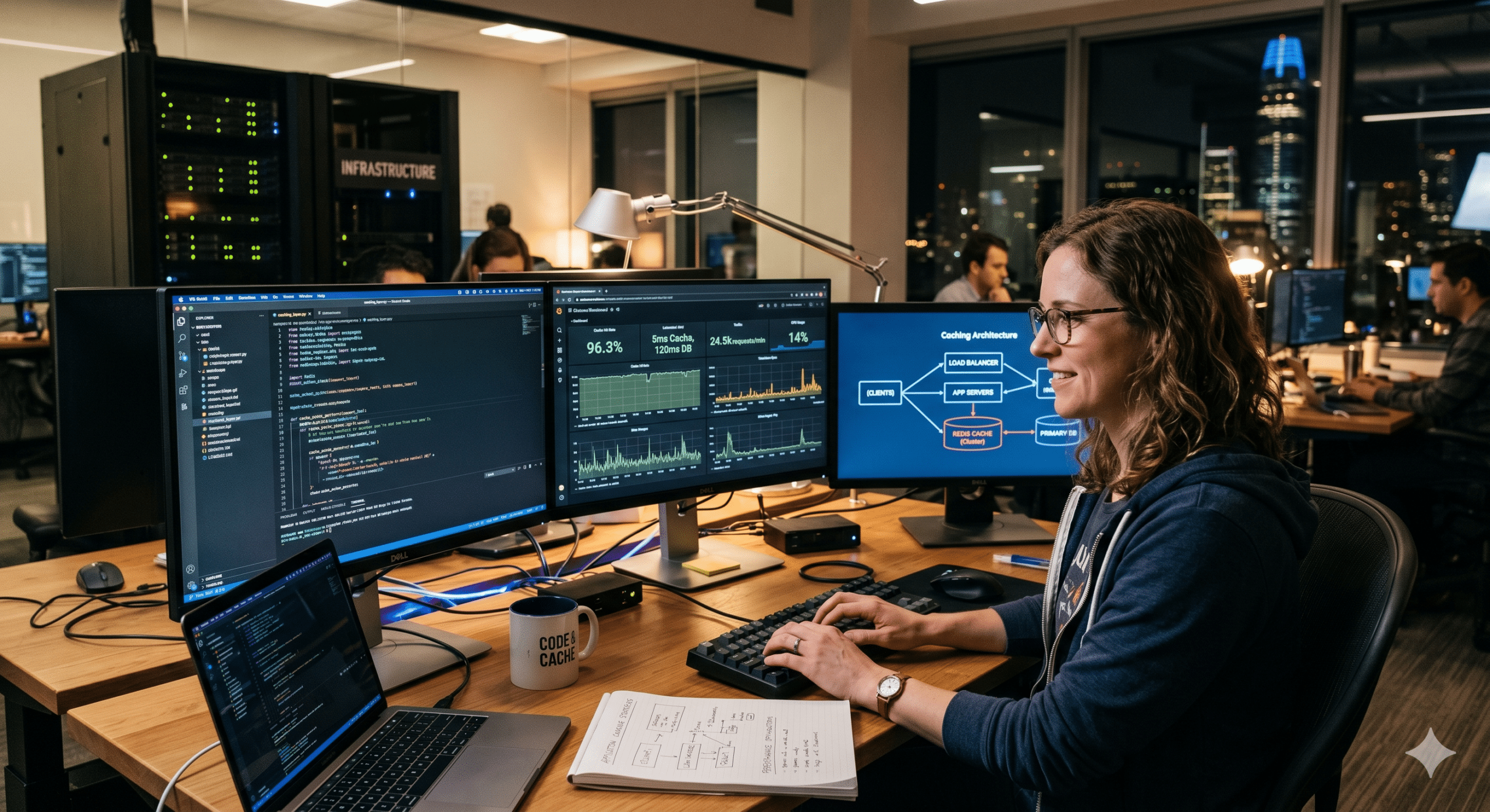 Software engineer implementing application caching strategies while monitoring Redis cache performance, infrastructure metrics, and web application architecture in a modern development environment.