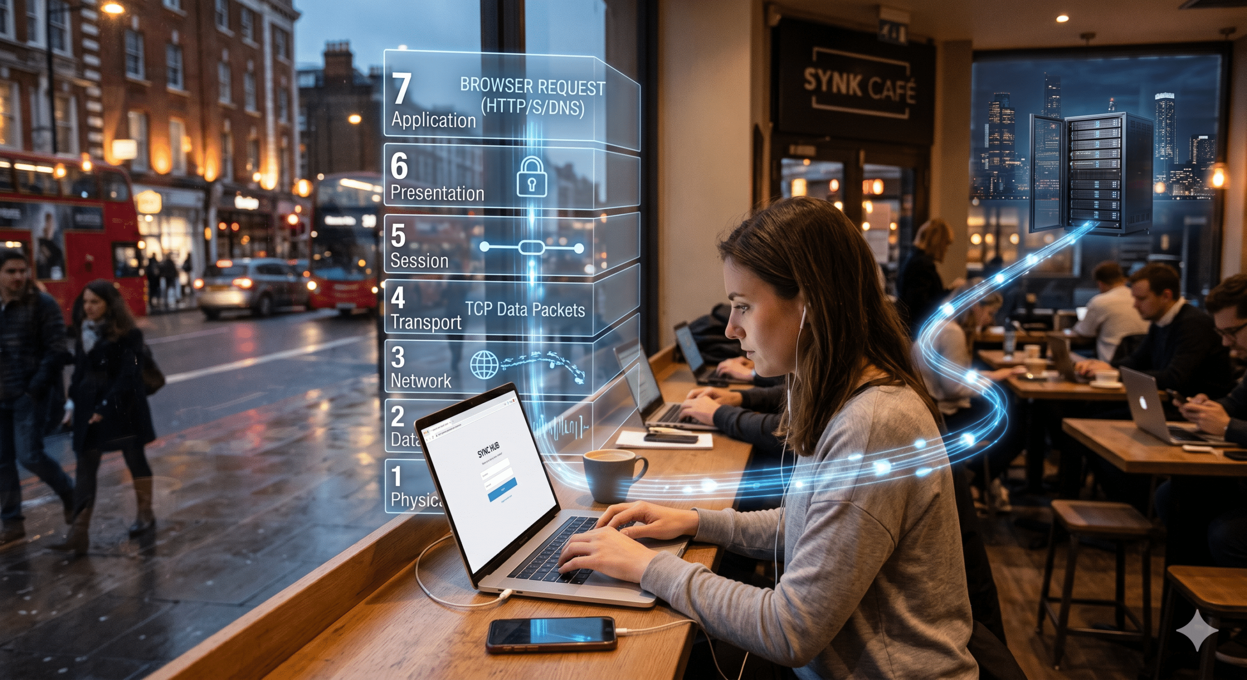 Application Layers Explained diagram showing a user browsing the web through the OSI model application layer, HTTP, HTTPS, DNS protocols, and network communication between a laptop and server infrastructure