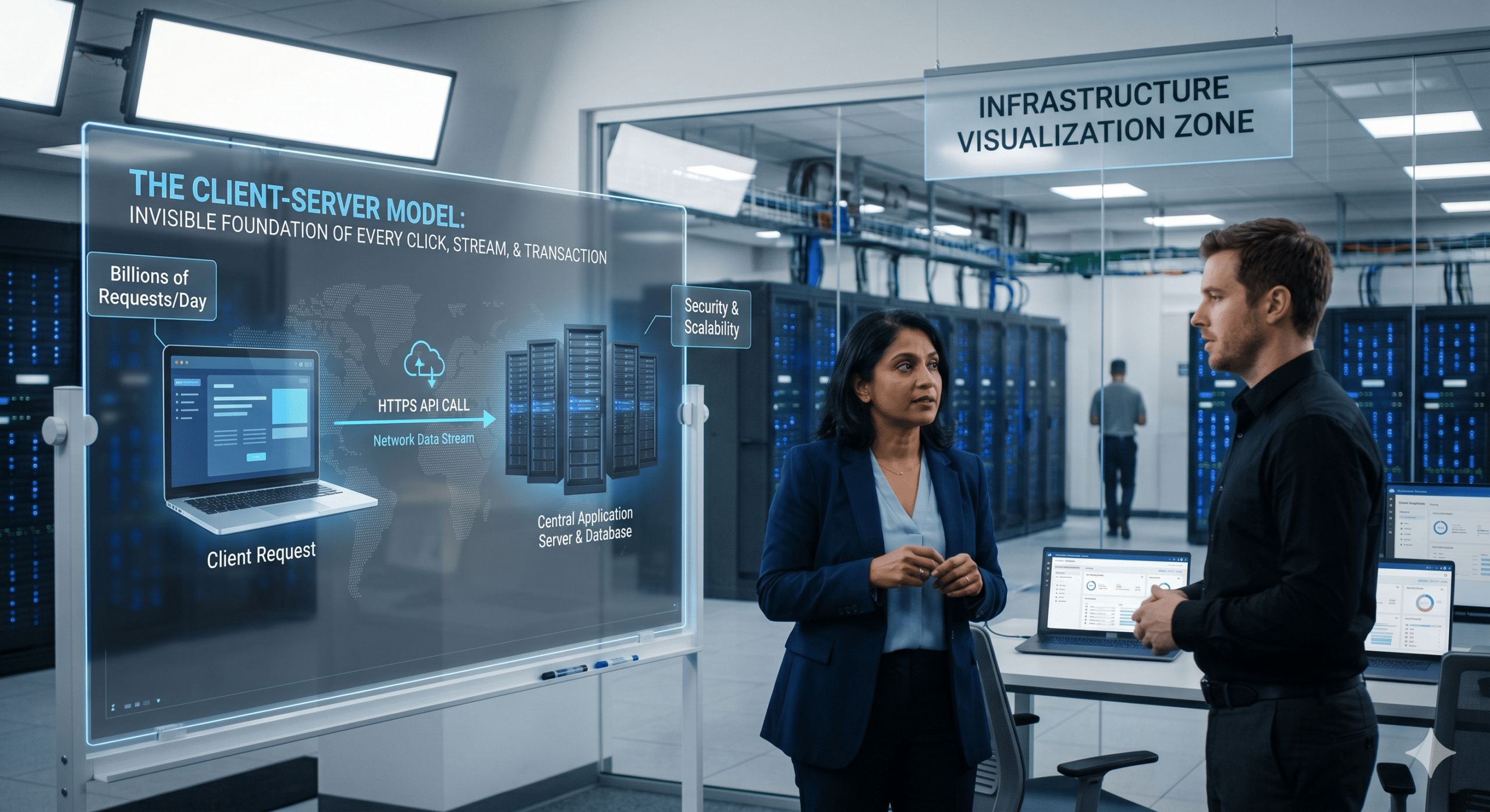 Client-Server Model Breakdown visualization showing client requests, central application servers, database infrastructure, and network communication in a modern data center environment