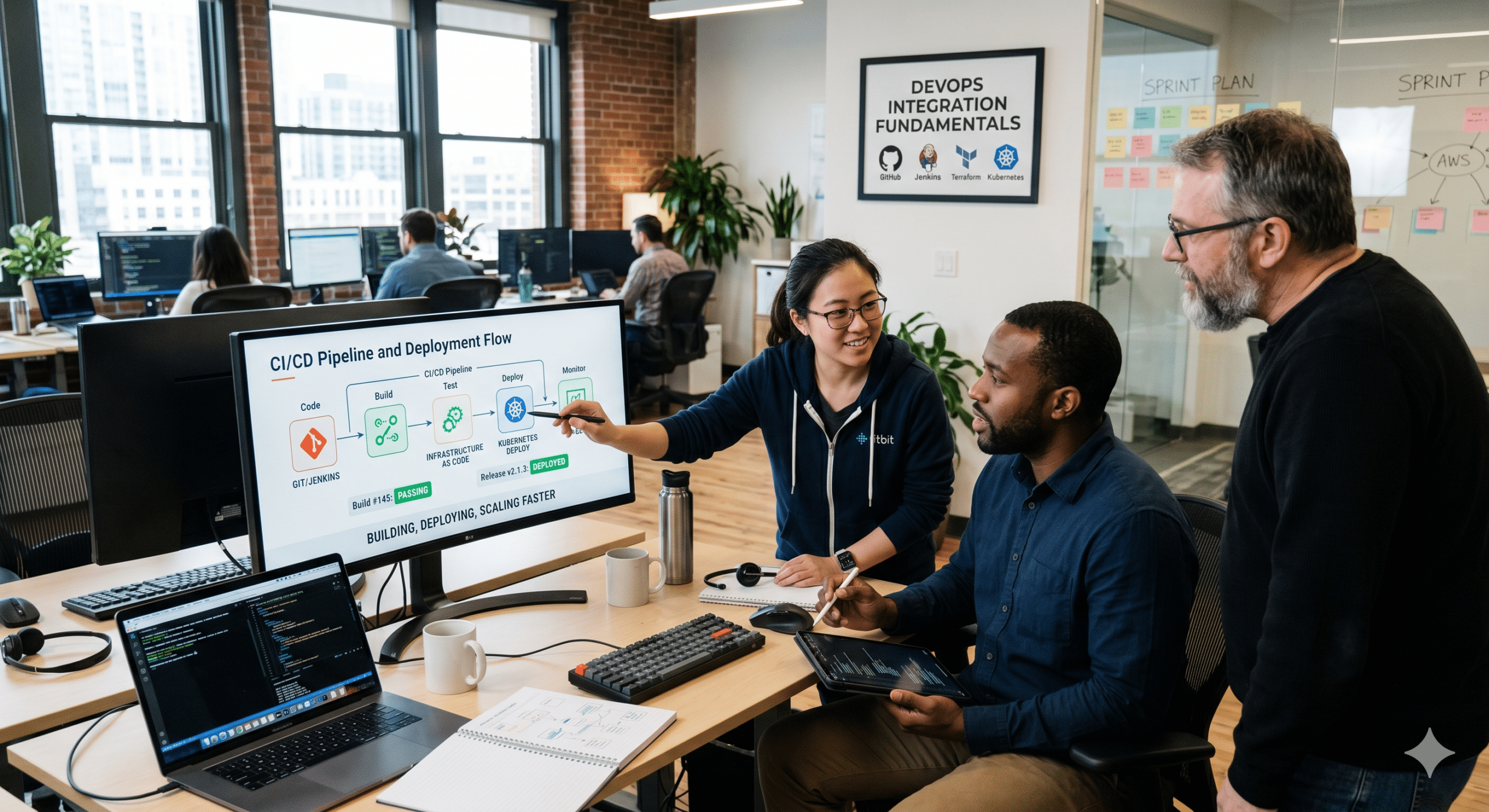 DevOps team collaborating in a modern office while reviewing a CI/CD pipeline workflow on a large monitor, demonstrating DevOps integration fundamentals, automation, Infrastructure as Code, Kubernetes deployment, and software delivery processes.