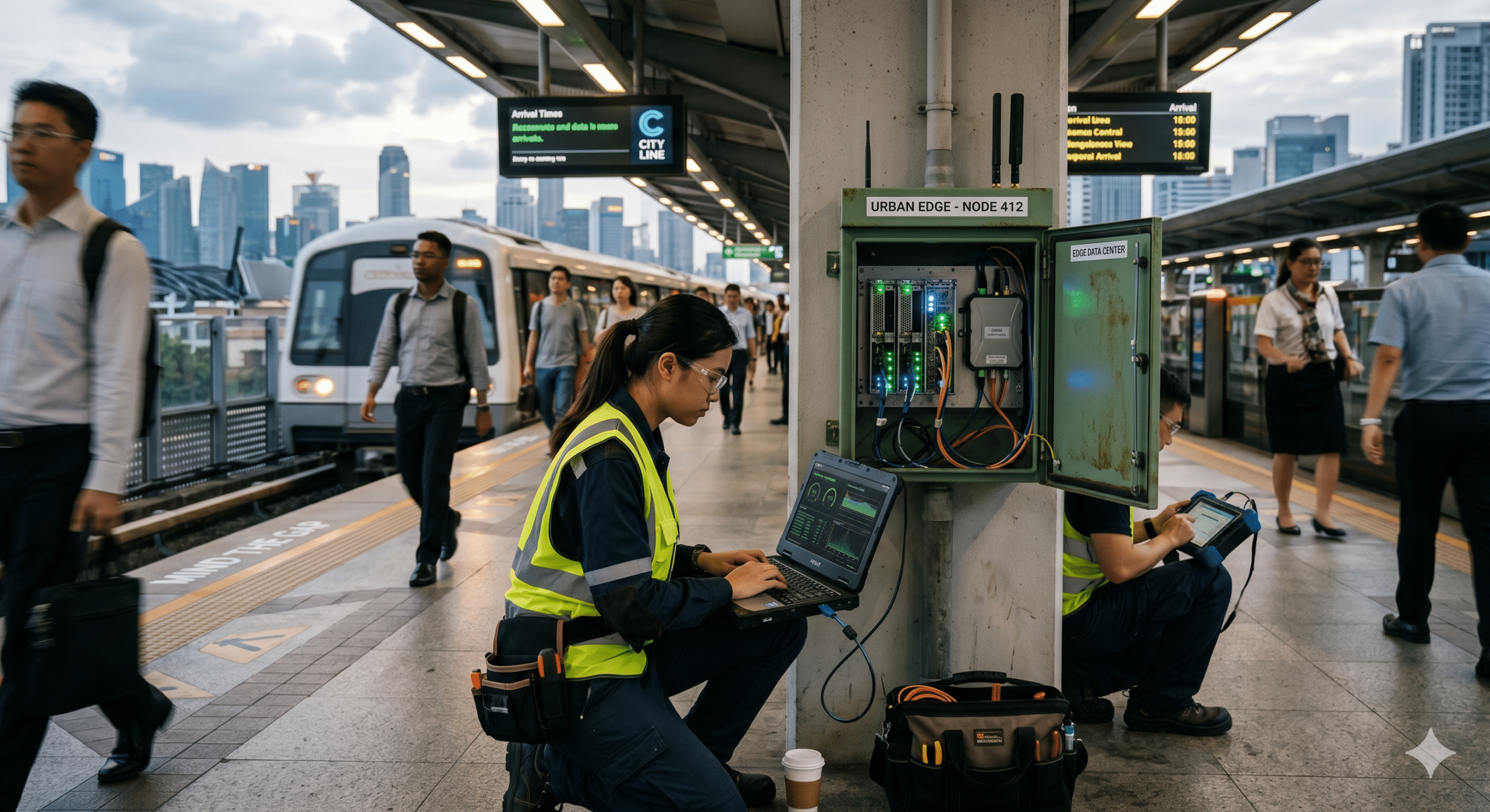 IT engineer managing an edge computing node at a busy urban transit station for real-time data processing and network monitoring