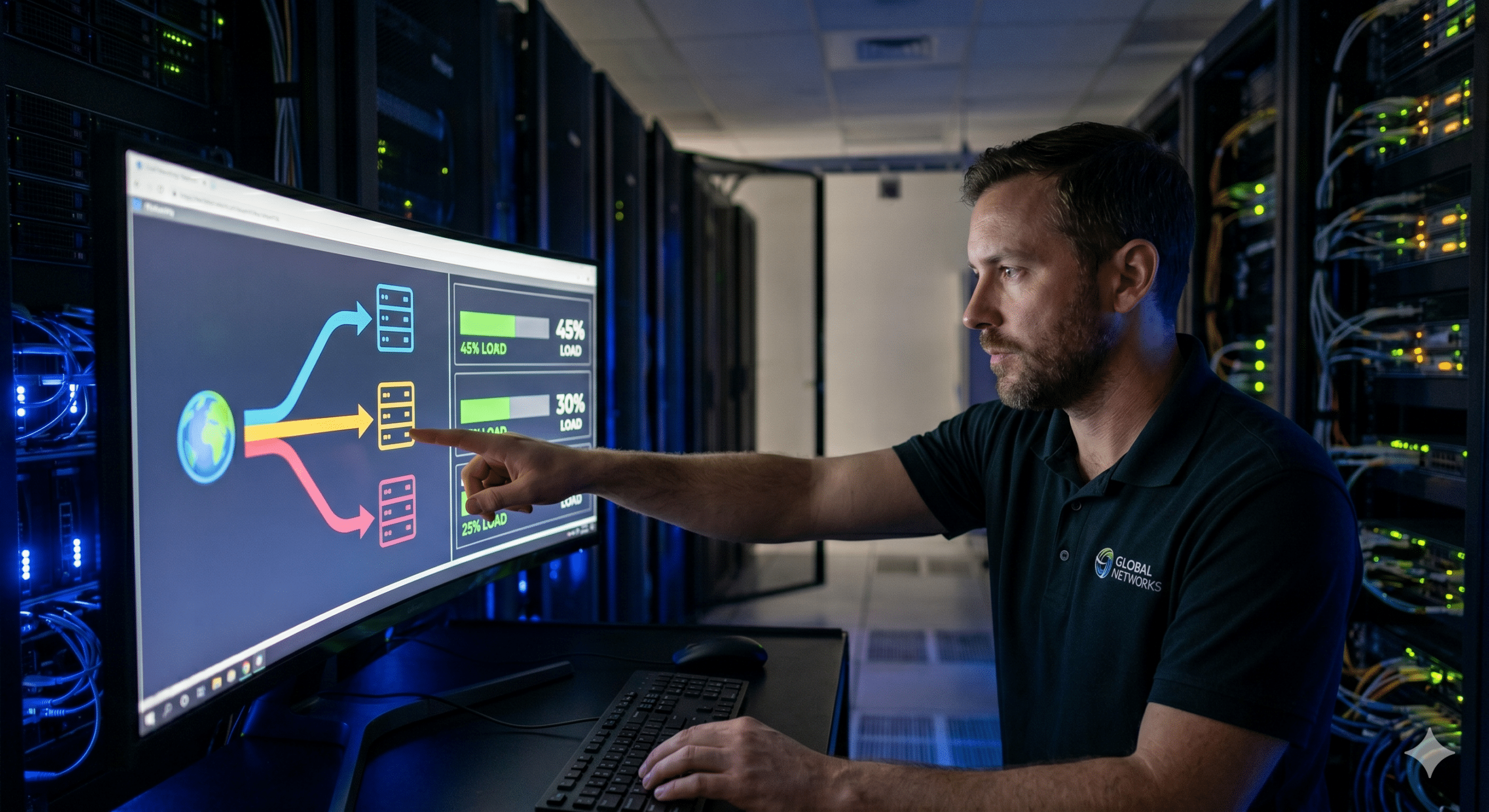 IT professional monitoring a load balancing dashboard in a modern data center, distributing incoming network traffic across multiple servers to optimize performance, availability, and resource utilization.