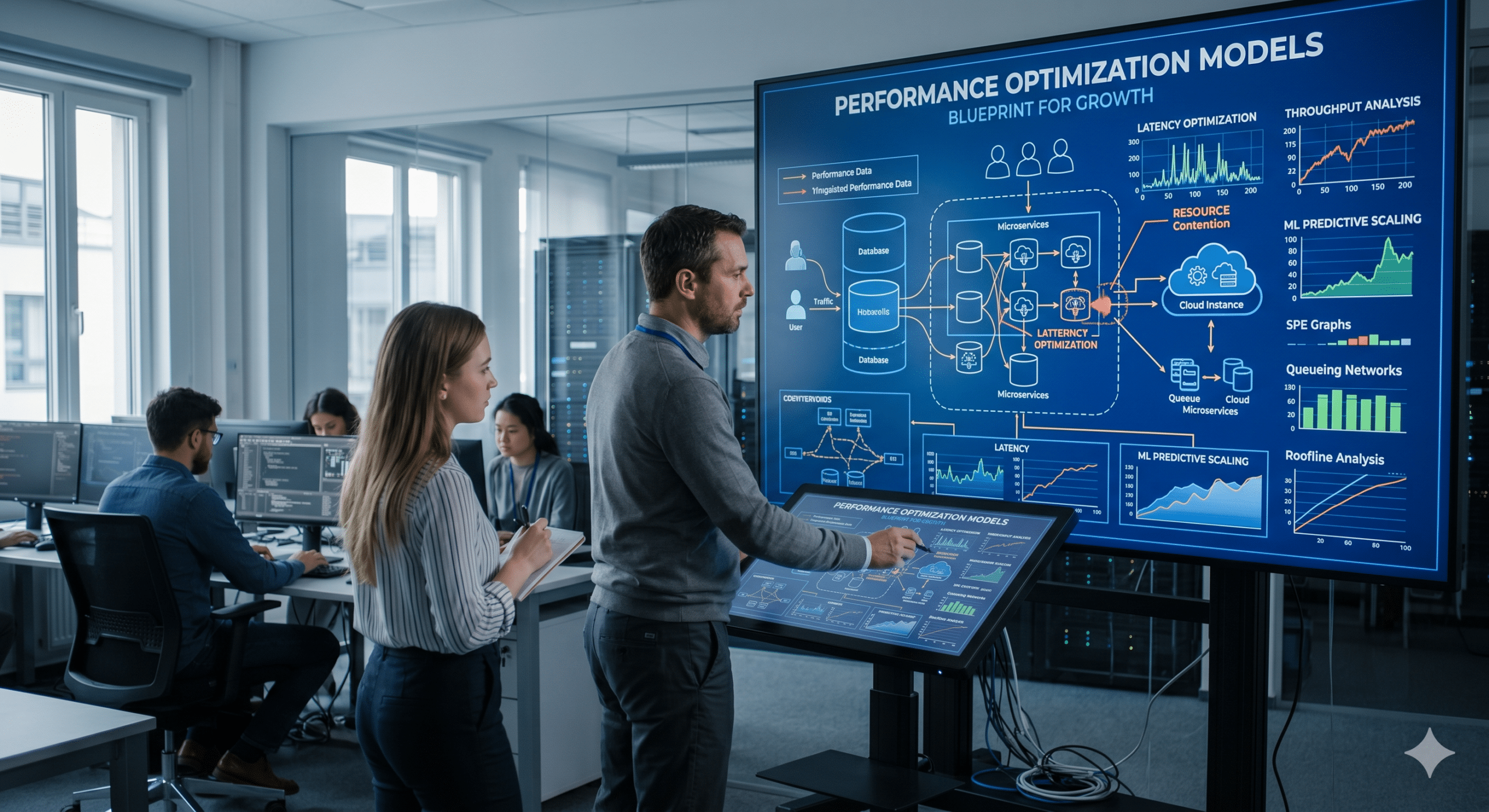 IT engineers analyzing performance optimization models on a digital dashboard to improve system efficiency, application performance, cloud scalability, and business operations