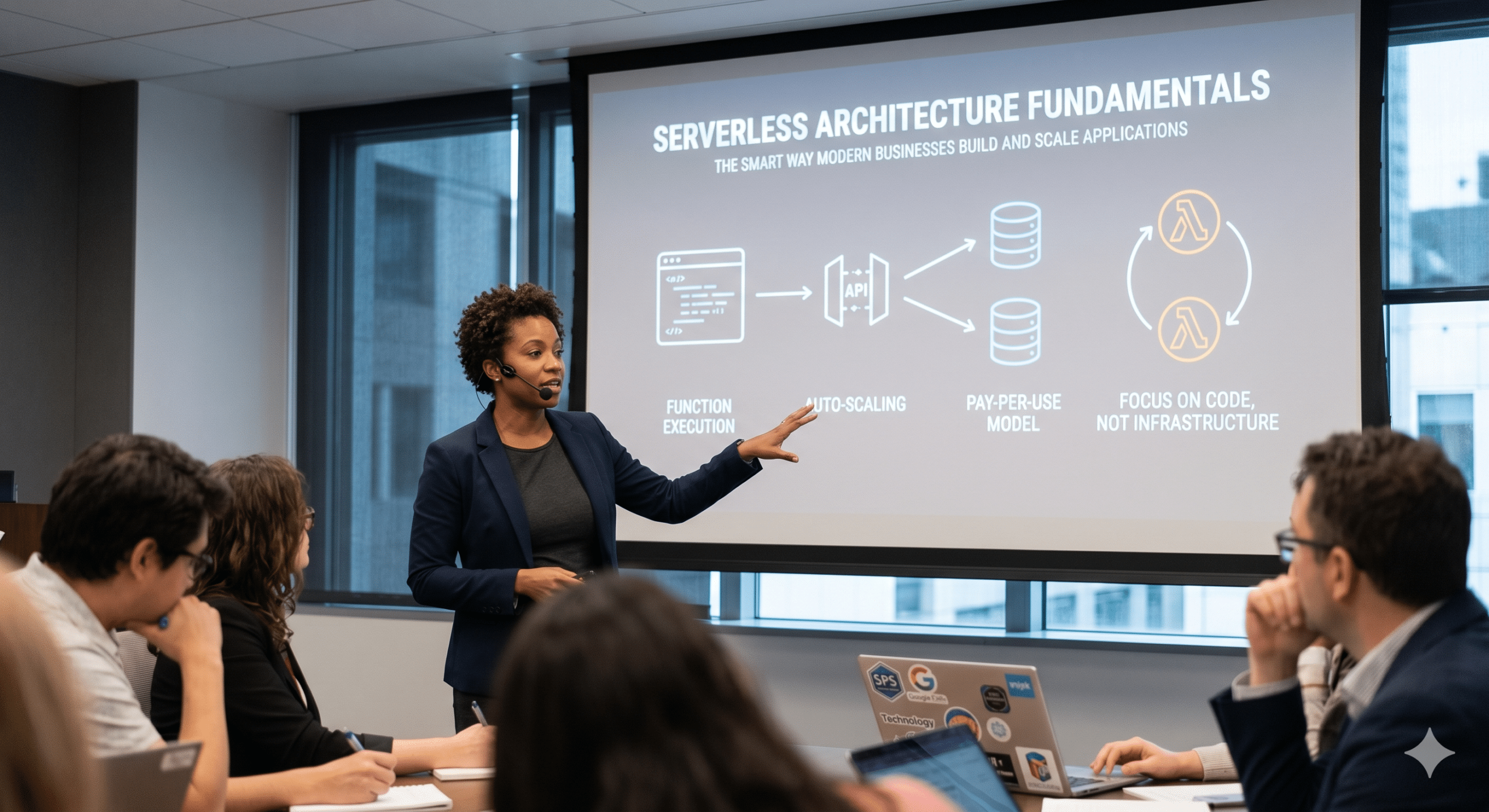 Serverless Architecture Fundamentals presentation showing cloud-native application design, auto-scaling infrastructure, pay-per-use computing model, API integration, and serverless function execution in a business meeting.