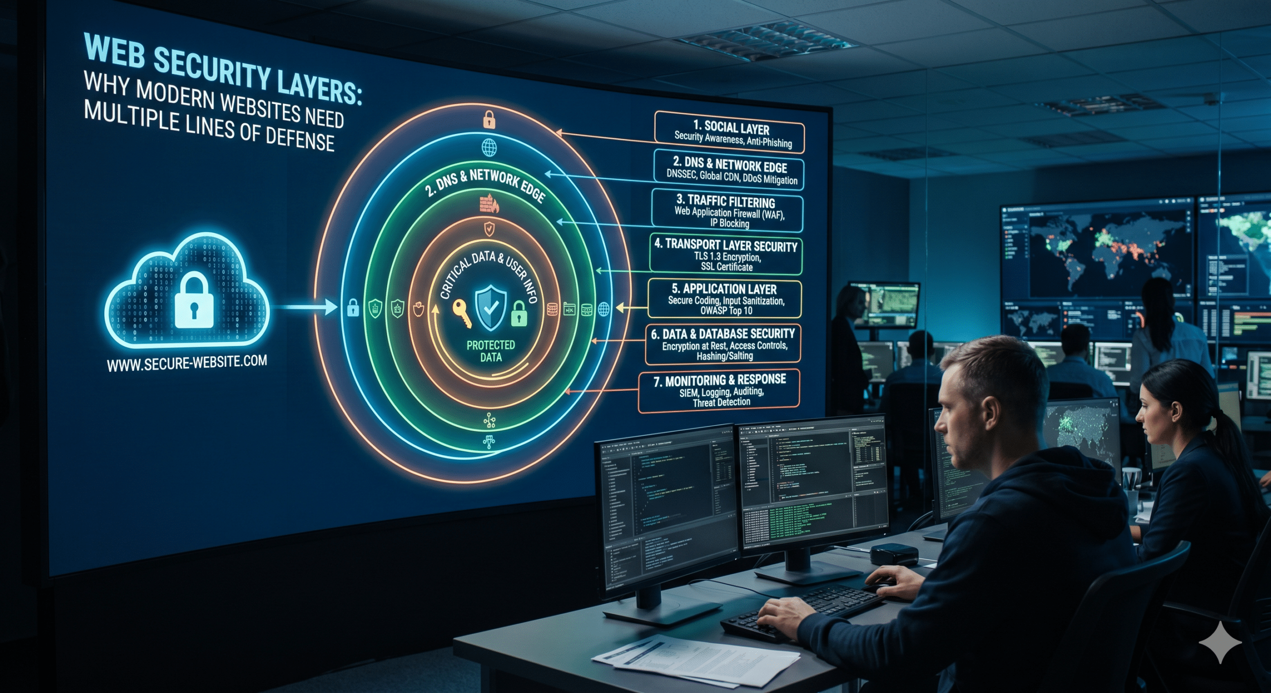 Web Security Layers visualization showing multiple cybersecurity defense layers including network security, application security, encryption, data protection, monitoring, and incident response in a modern security operations center.