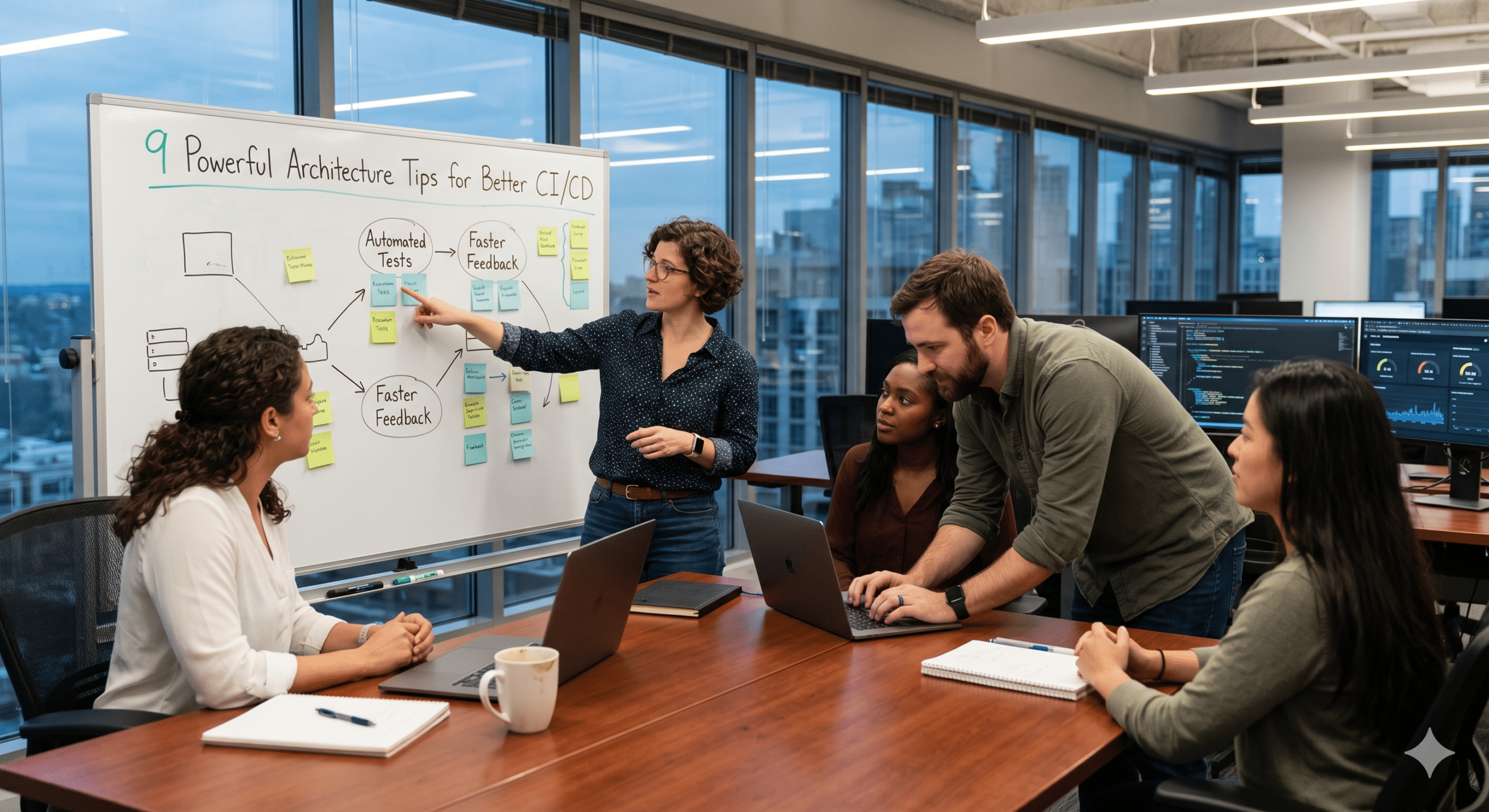 CI/CD pipelines explained through application architecture planning, automated testing, and software delivery optimization during a team strategy meeting