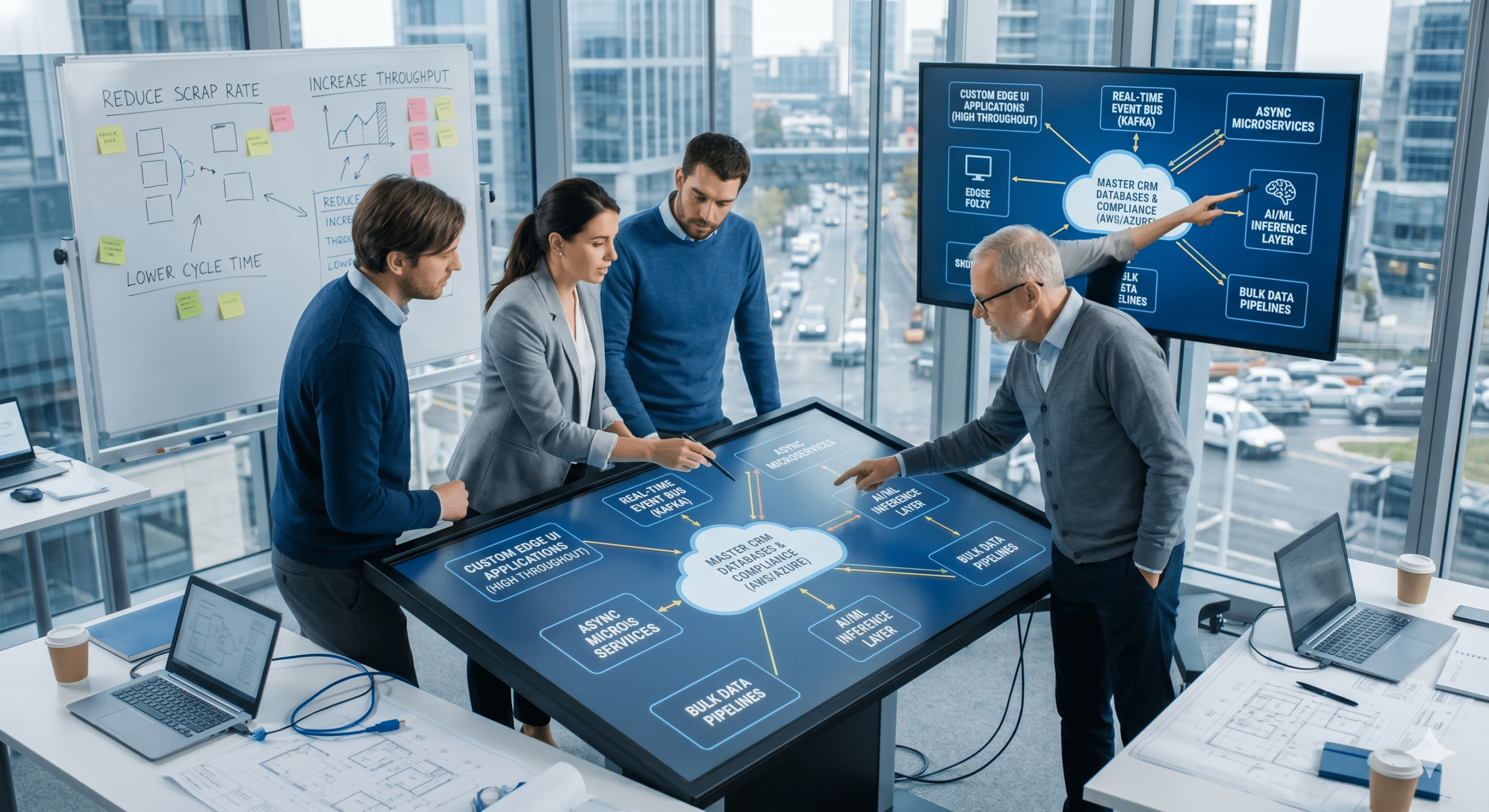 Enterprise software architects analyzing a hybrid CRM systems architecture diagram on an interactive smart table to increase throughput and reduce cycle time.