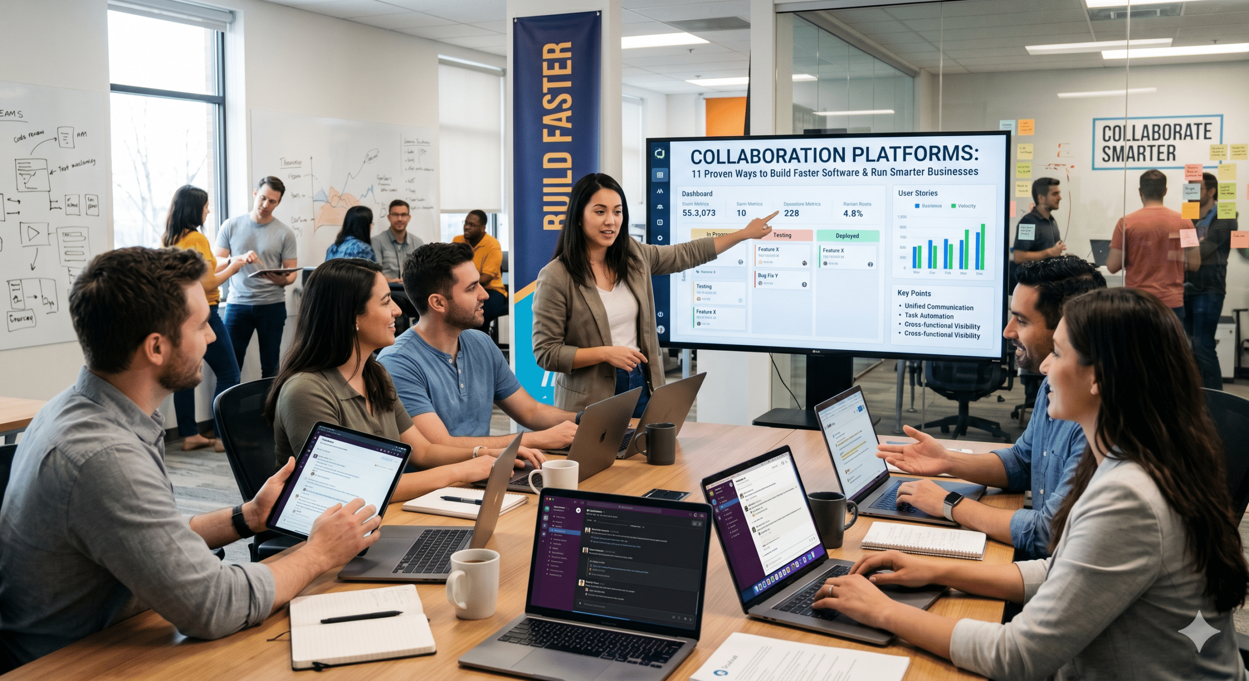 A modern tech team collaborating in a bright conference room around a table with laptops, while a presenter points to a large digital dashboard displaying the title 'Collaboration Platforms: 11 Proven Ways to Build Faster Software and Run Smarter Businesses.