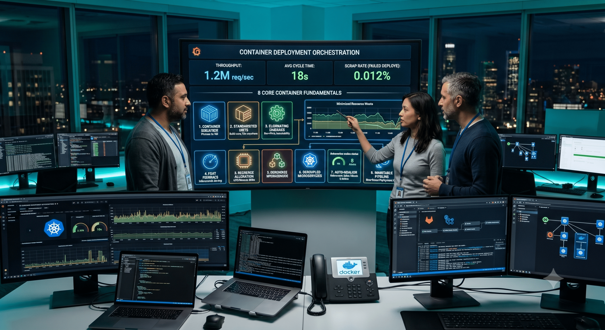 Containerization fundamentals dashboard showing Kubernetes orchestration, Docker deployment monitoring, software architecture analytics, and enterprise DevOps team collaboration