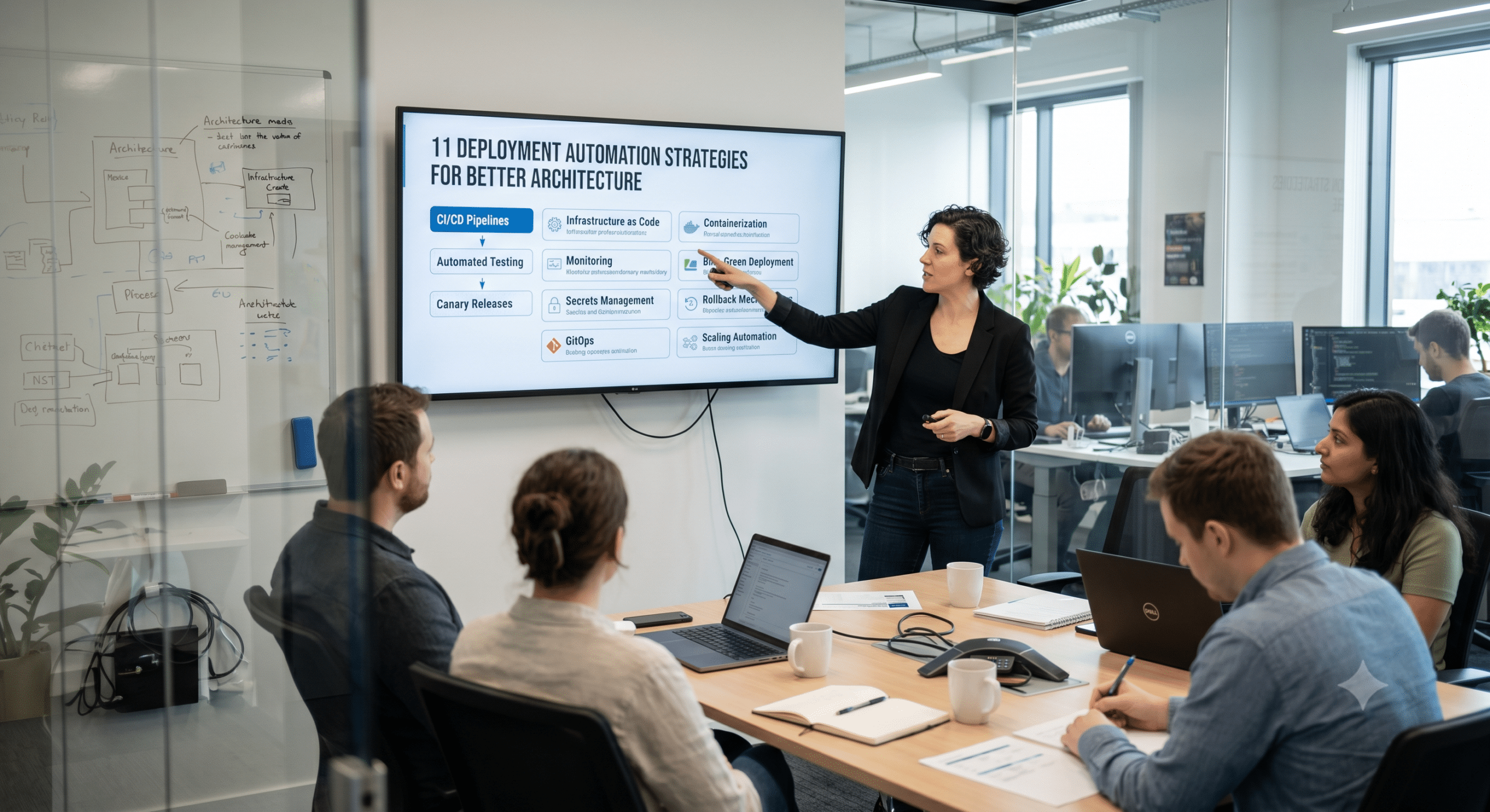 Team discussing deployment automation strategies and application architecture during a software engineering planning session with CI/CD, containerization, and infrastructure automation concepts displayed on a presentation screen.
