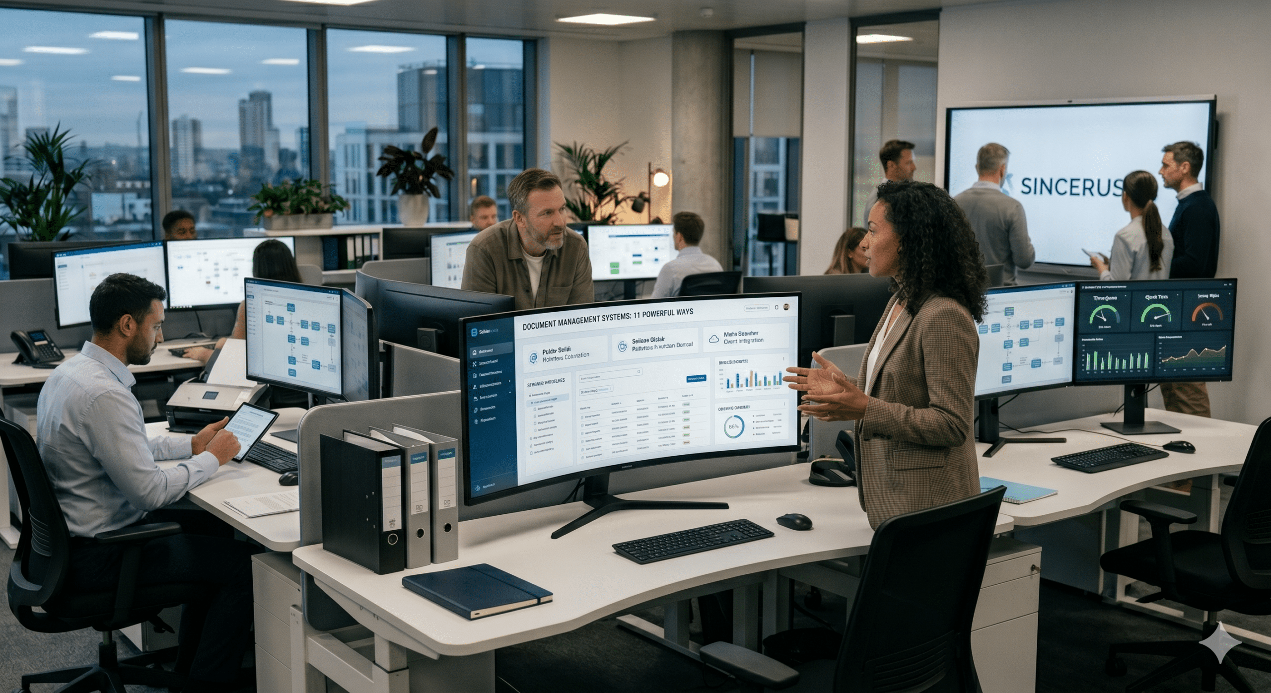 An enterprise application specialist presenting a document management systems interface on a large monitor to a software architect in a modern corporate office setting.