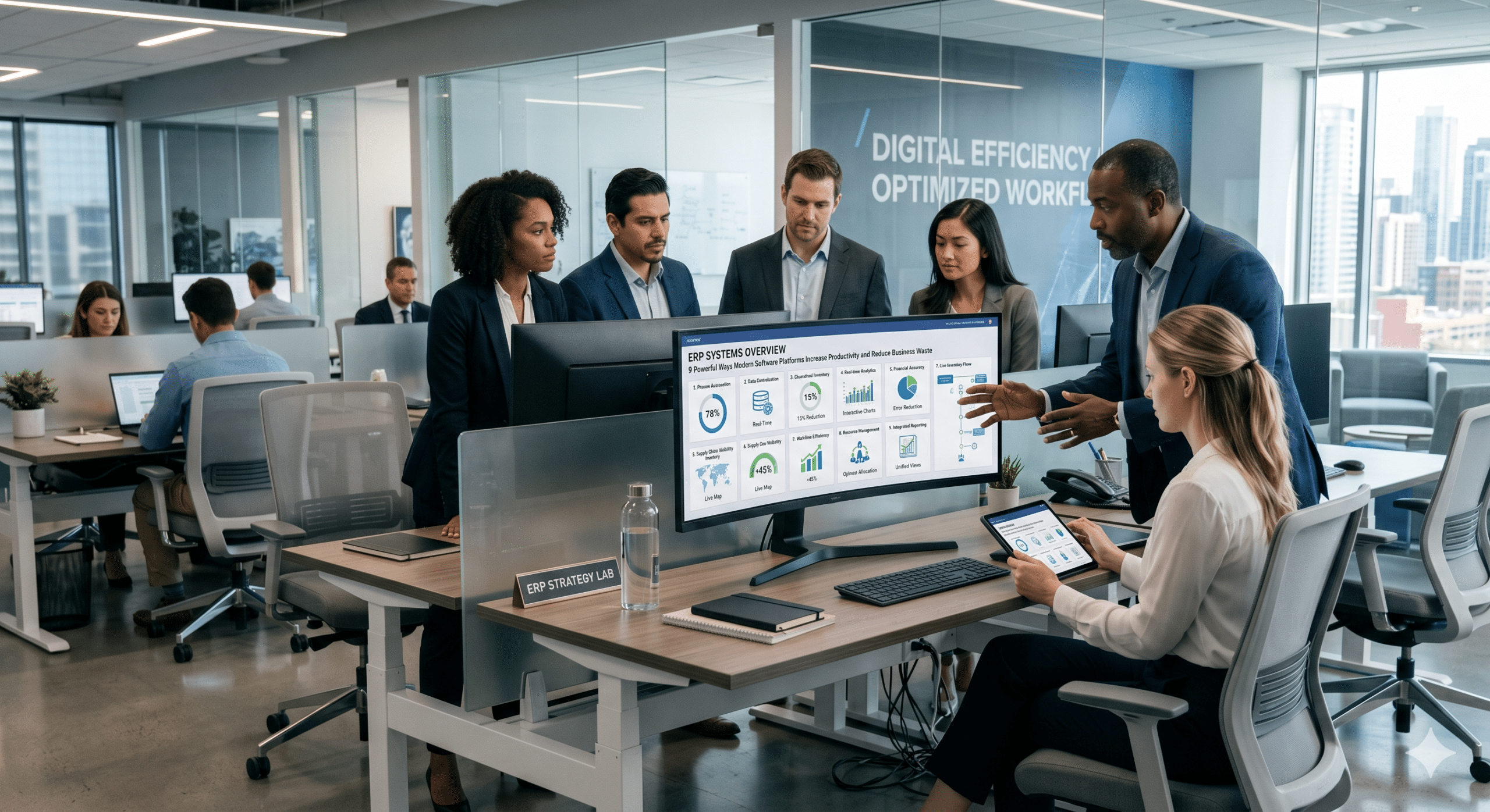 Corporate team in a modern open-office ERP Strategy Lab analyzing an enterprise resource planning software overview dashboard on an ultrawide monitor to improve business productivity and workflows.