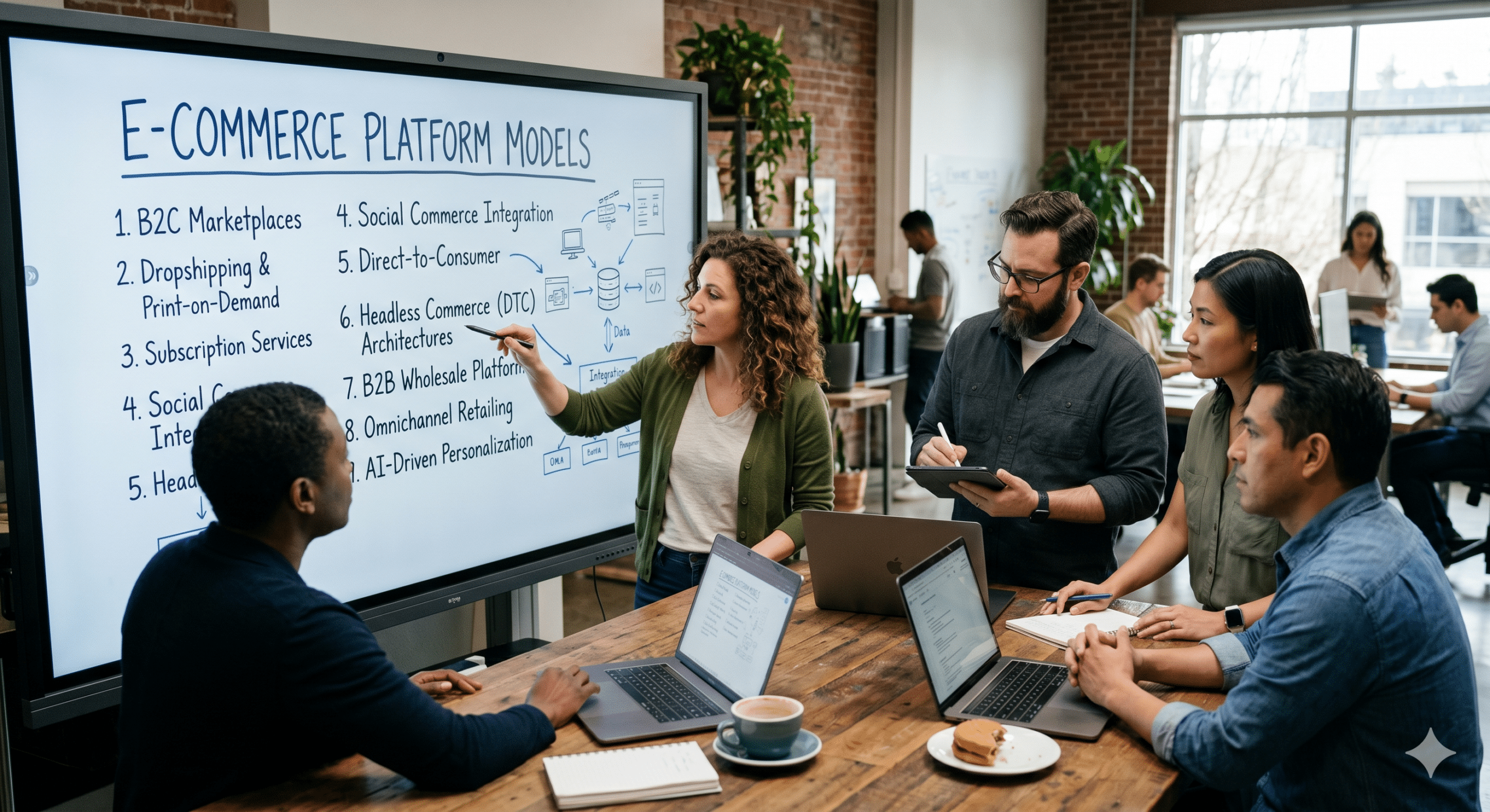 A diverse team of software architects and developers collaborating around a large interactive touchscreen display showing nine distinct E-commerce Platform Models in a modern office.