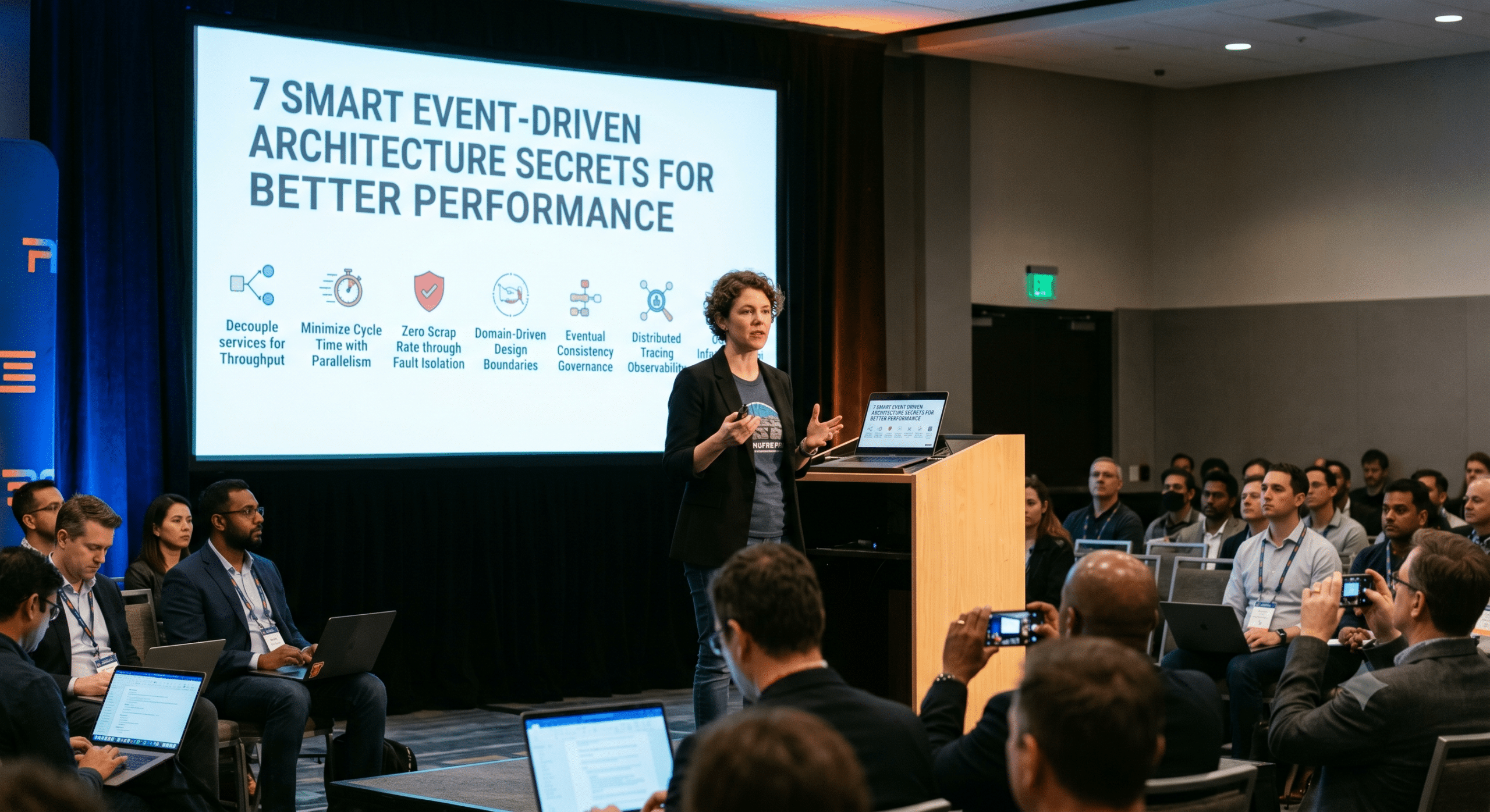 Event-driven architecture conference presentation showing enterprise architects discussing scalable application architecture strategies, system reliability, throughput optimization, and distributed systems design.
