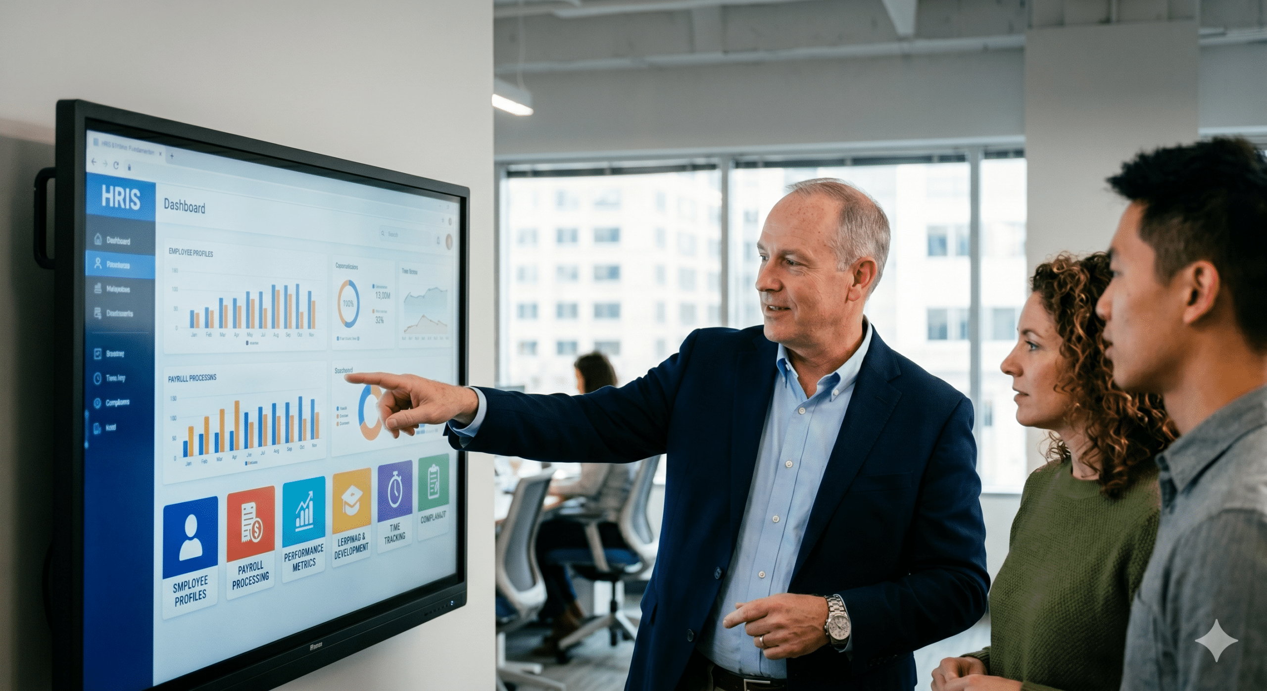 An enterprise application specialist demonstrating HRIS systems fundamentals on a large interactive digital dashboard to corporate professionals in a modern office setting.