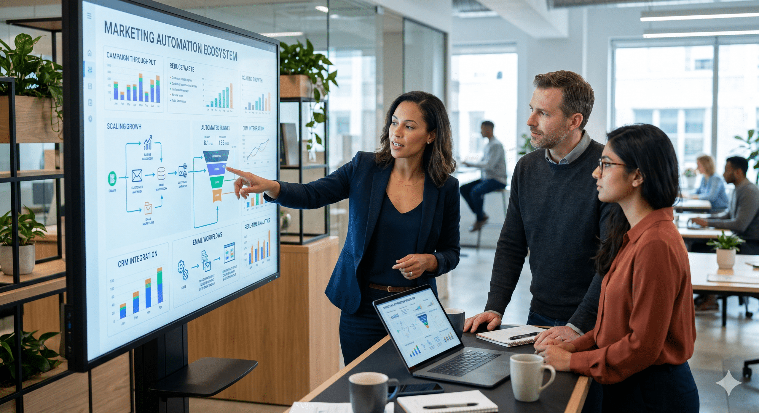 Enterprise application specialists analyzing a digital marketing automation systems ecosystem diagram on a large display screen to maximize campaign throughput and reduce operational waste.
