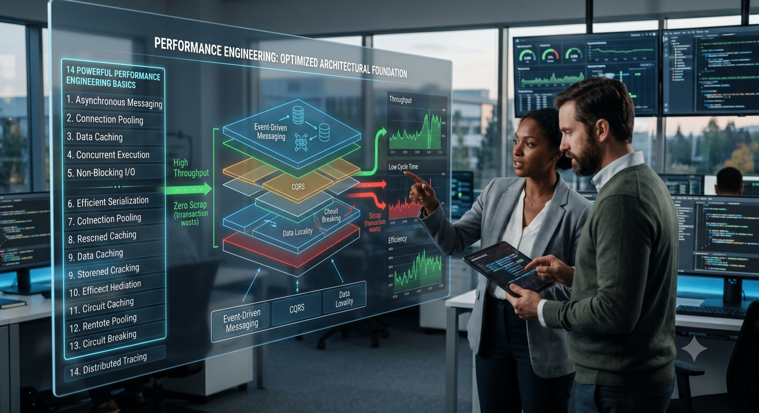 Performance engineering basics dashboard showing application architecture optimization, throughput monitoring, CQRS patterns, caching strategies, distributed tracing, and scalability metrics in a modern enterprise environment.
