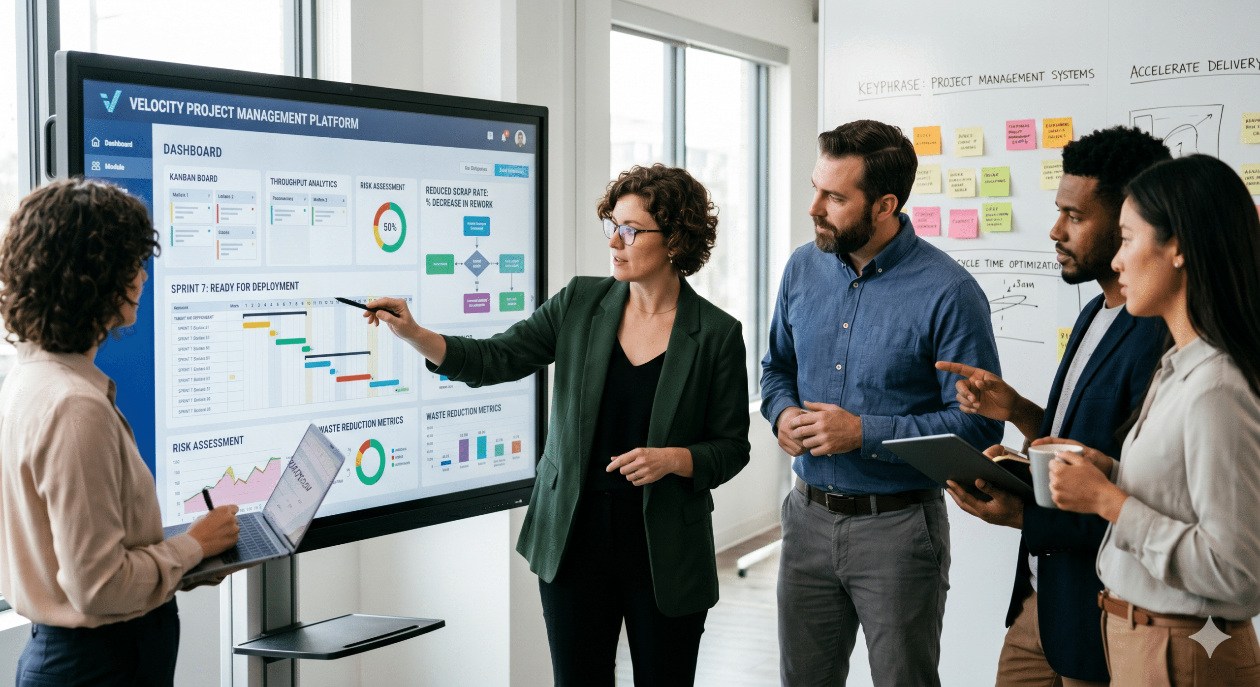 Project management systems team reviewing software delivery dashboards, workflow metrics, throughput analytics, and project performance data