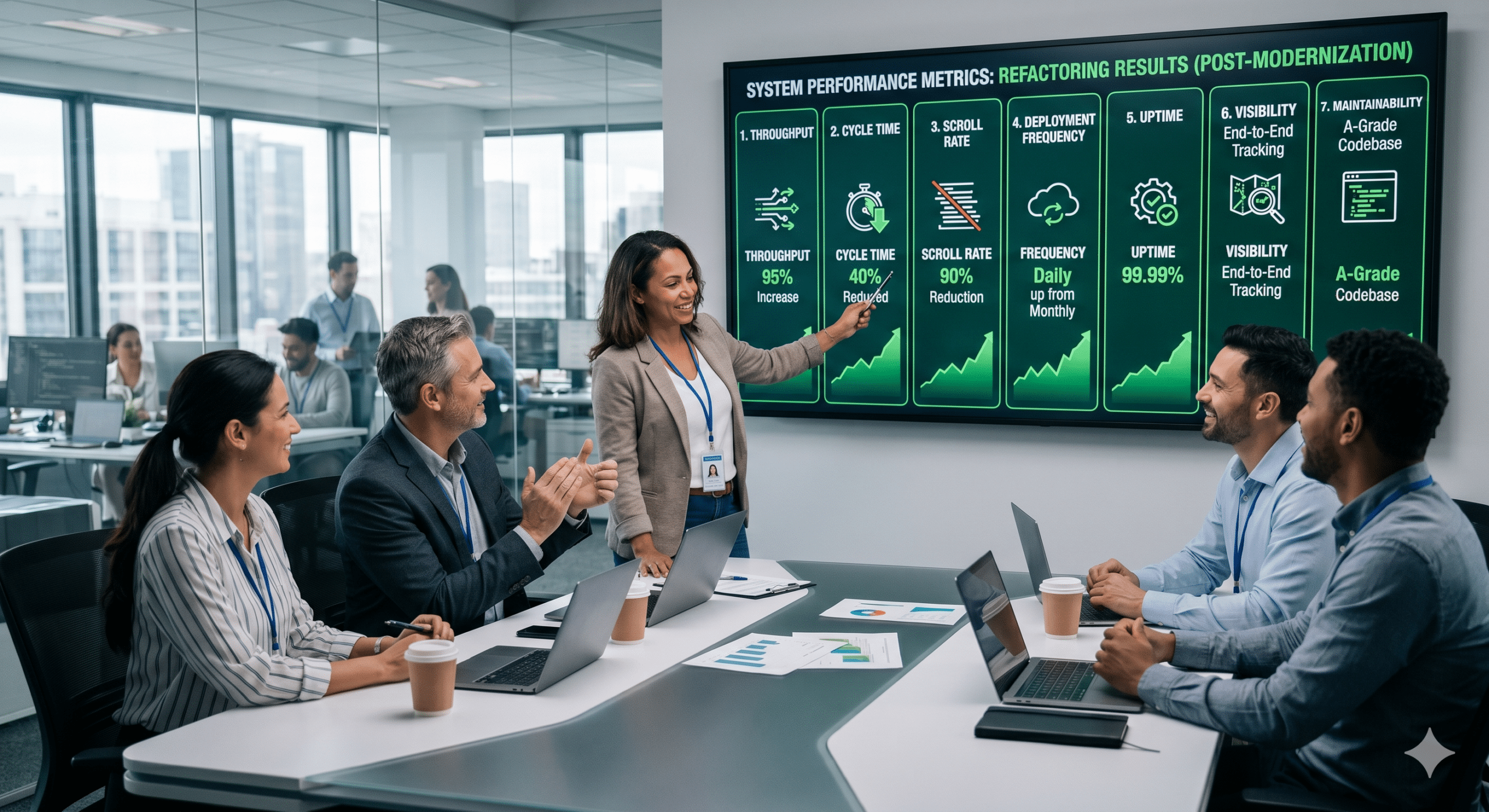 Refactoring legacy systems results dashboard showing improved throughput, reduced cycle time, increased deployment frequency, higher uptime, and better application maintainability during a software architecture modernization meeting.
