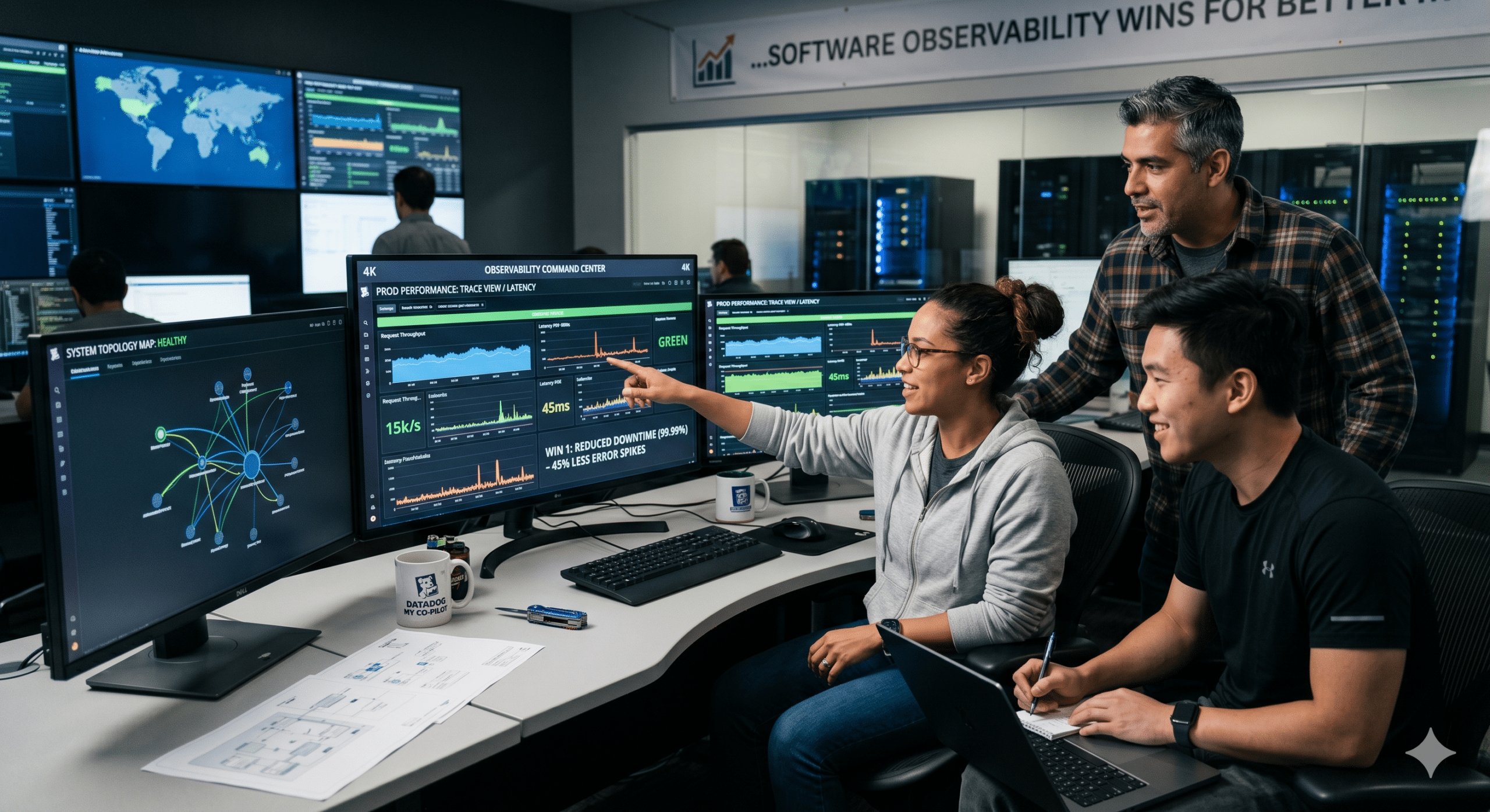 Software observability team monitoring application performance dashboards, distributed tracing metrics, and real-time system health data to improve reliability and reduce downtime.