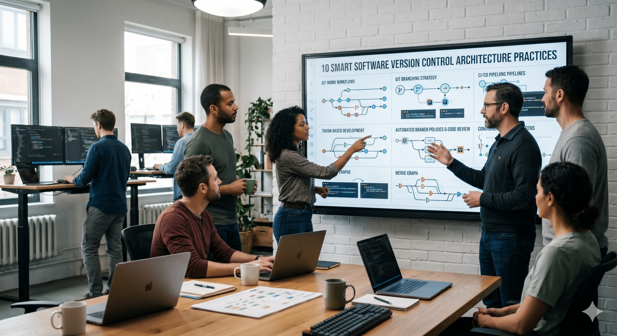 Software development team discussing software version control architecture practices, Git workflows, branching strategies, and CI/CD pipelines in a collaborative application architecture planning session.