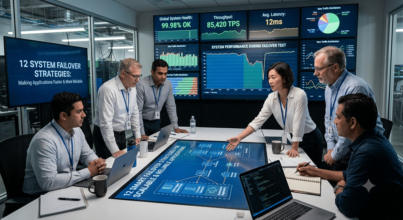 System failover strategies planning session with enterprise architects reviewing application architecture dashboards, failover testing metrics, throughput performance, latency monitoring, and high-availability system design.