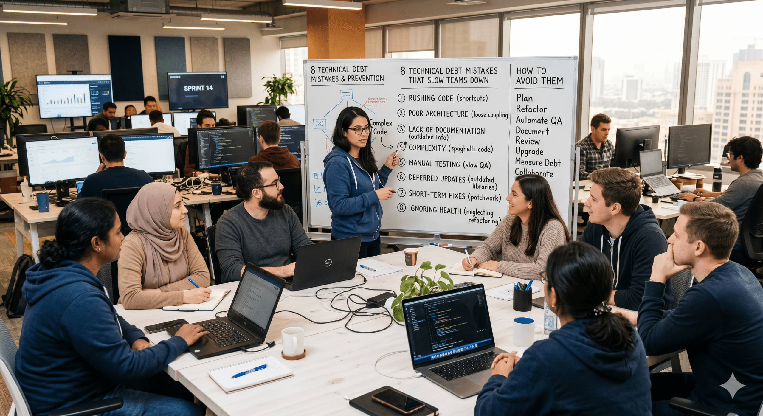Technical debt explained during a software architecture team meeting reviewing common technical debt mistakes, code quality challenges, and strategies to improve software delivery performance.