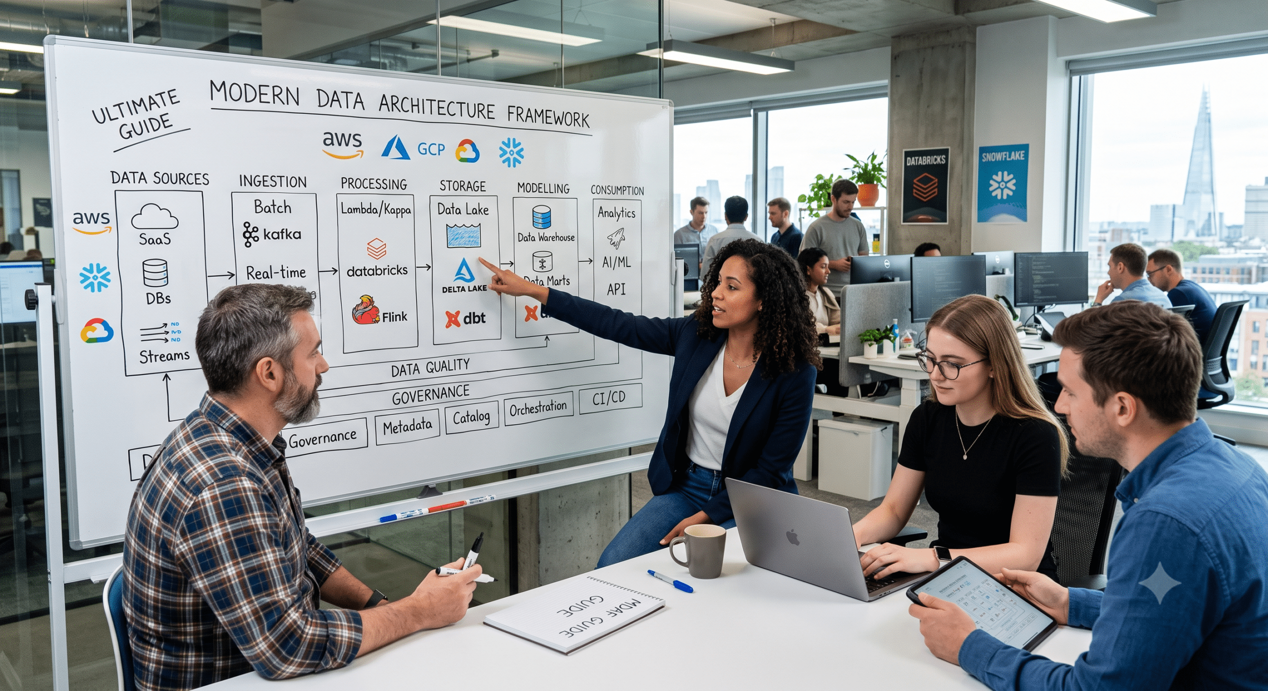 Data engineering team reviewing data architecture frameworks with cloud platforms, data lakes, governance, ETL pipelines, and analytics workflow for enterprise data management.
