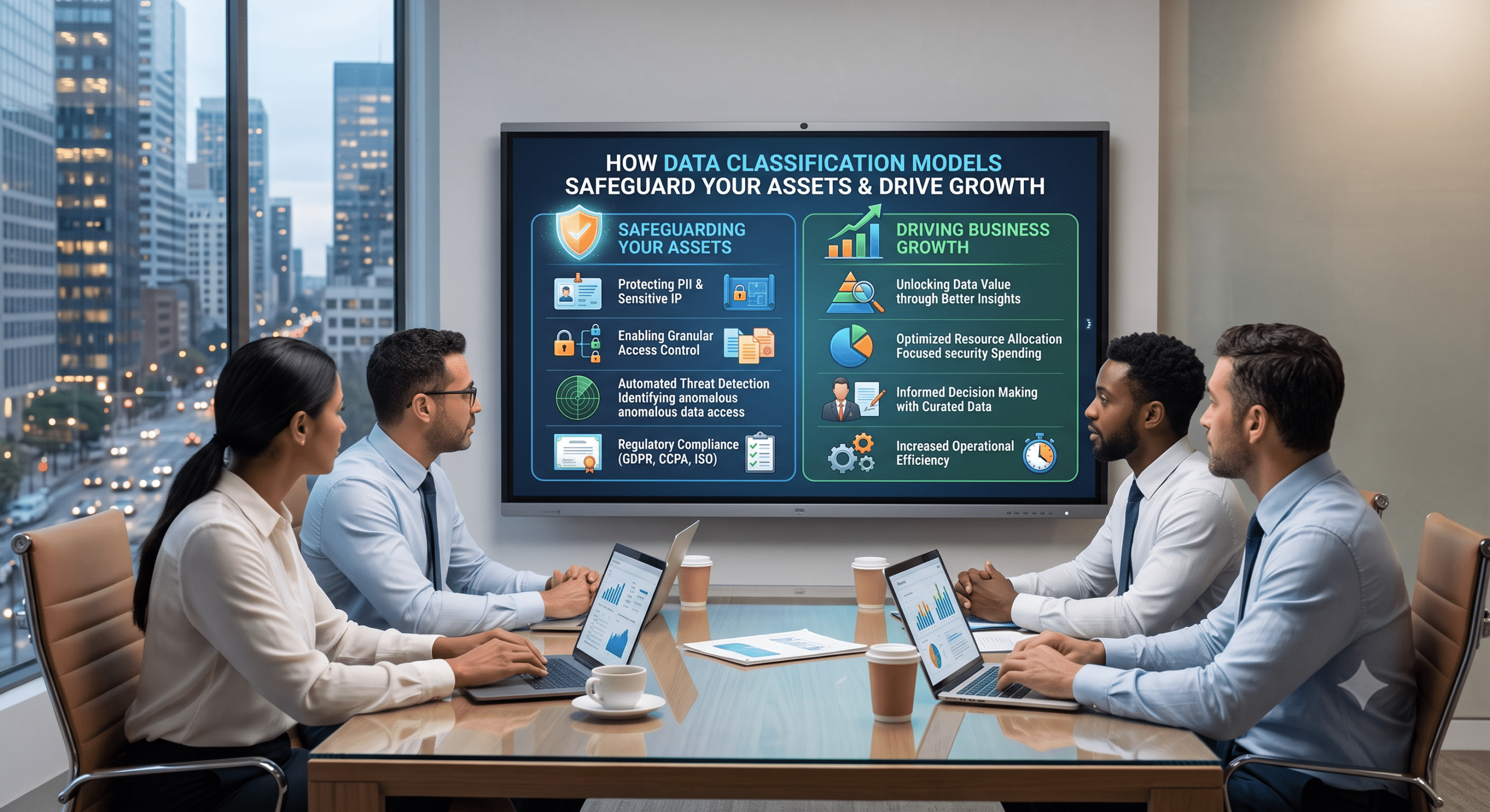 Cybersecurity and data governance team reviewing data classification models to protect sensitive information, enforce access controls, support compliance, and improve business decision-making.
