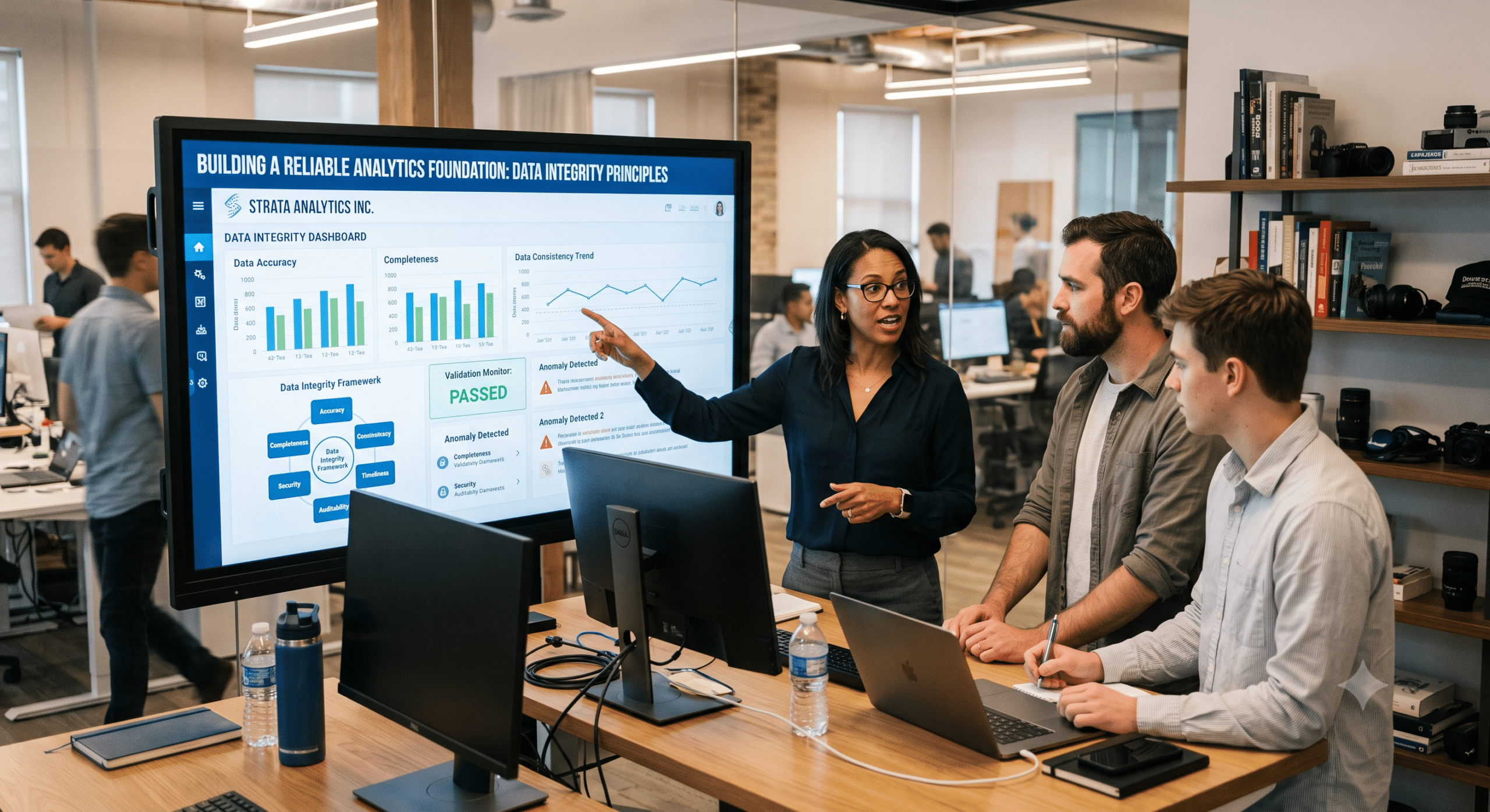 Data governance team reviewing data integrity principles through a dashboard showing data accuracy, consistency, completeness, validation, and quality monitoring.