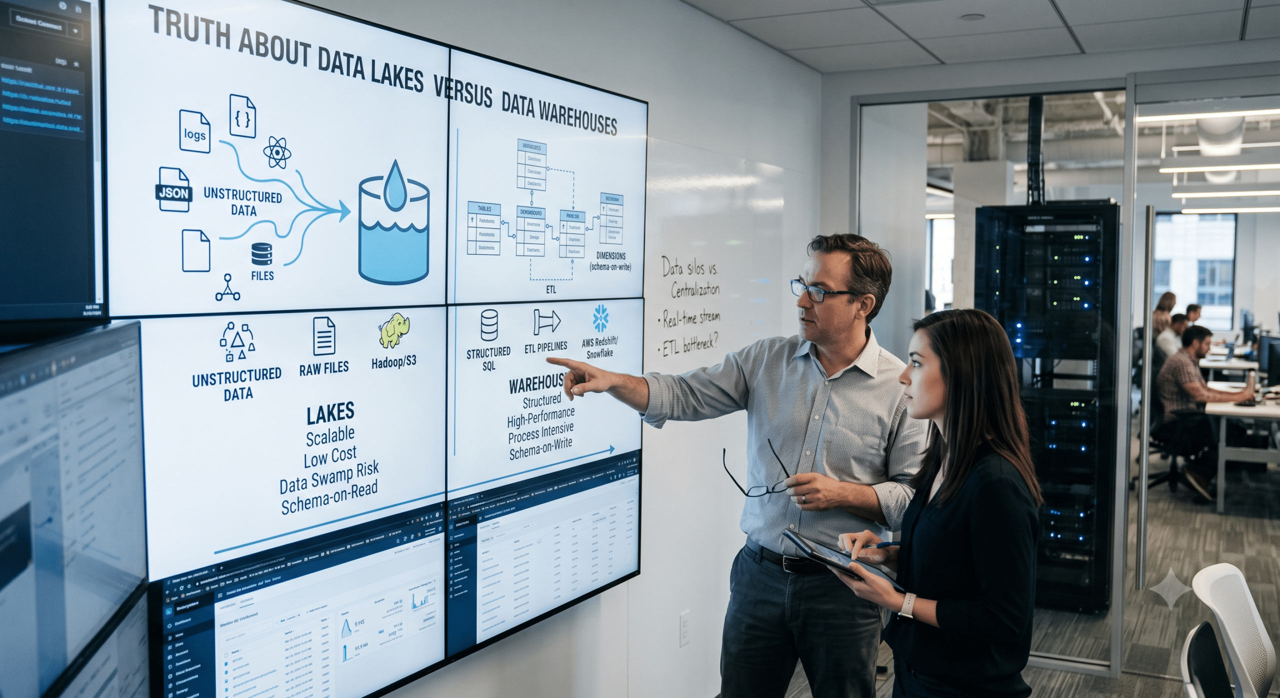 Data engineer comparing data lakes vs warehouses using architecture diagrams to explain unstructured data, ETL pipelines, schema design, and enterprise analytics.