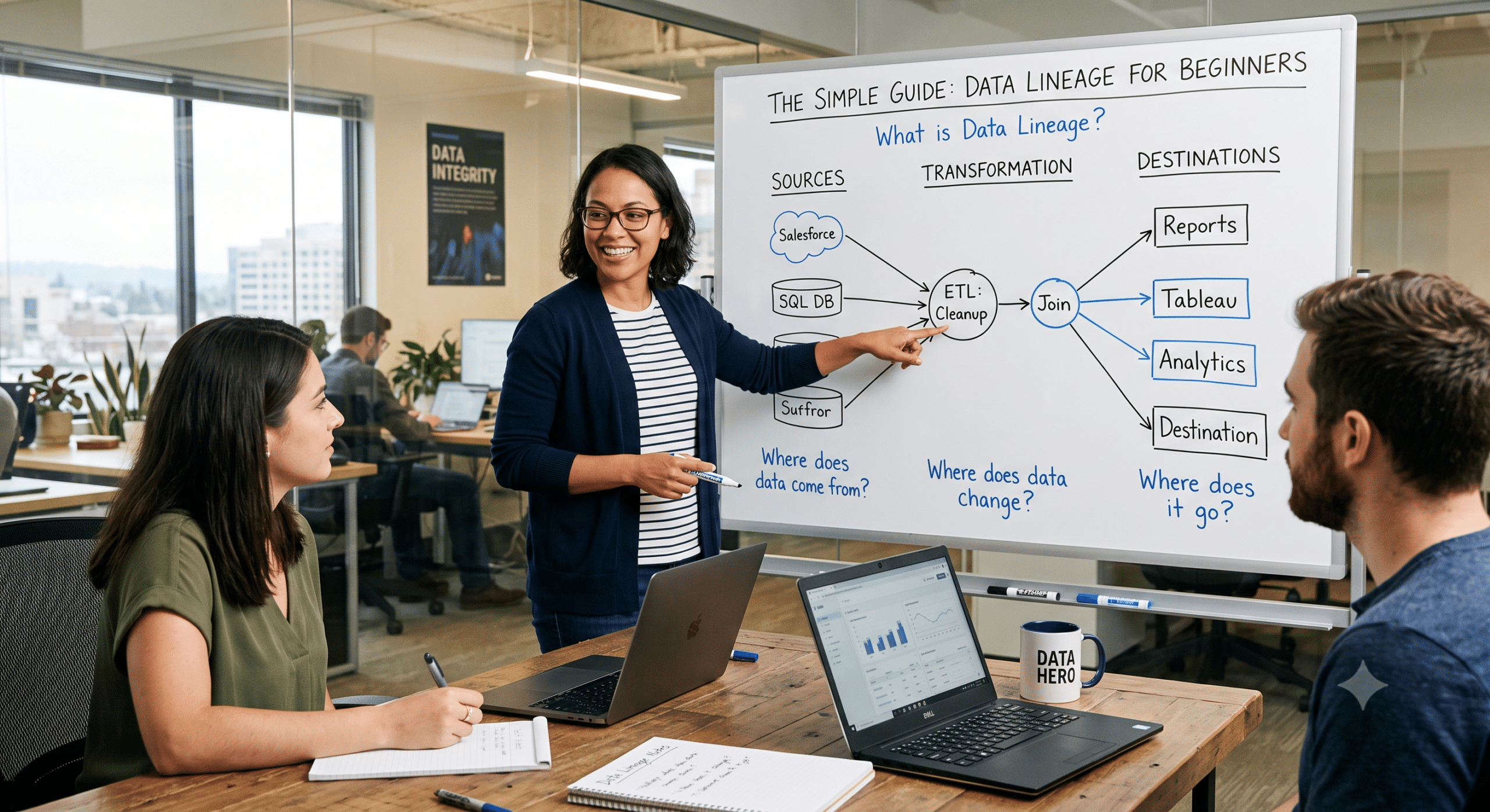 Data analyst explaining data lineage concepts using a workflow diagram that traces data sources, ETL transformations, and reporting destinations for enterprise data governance.