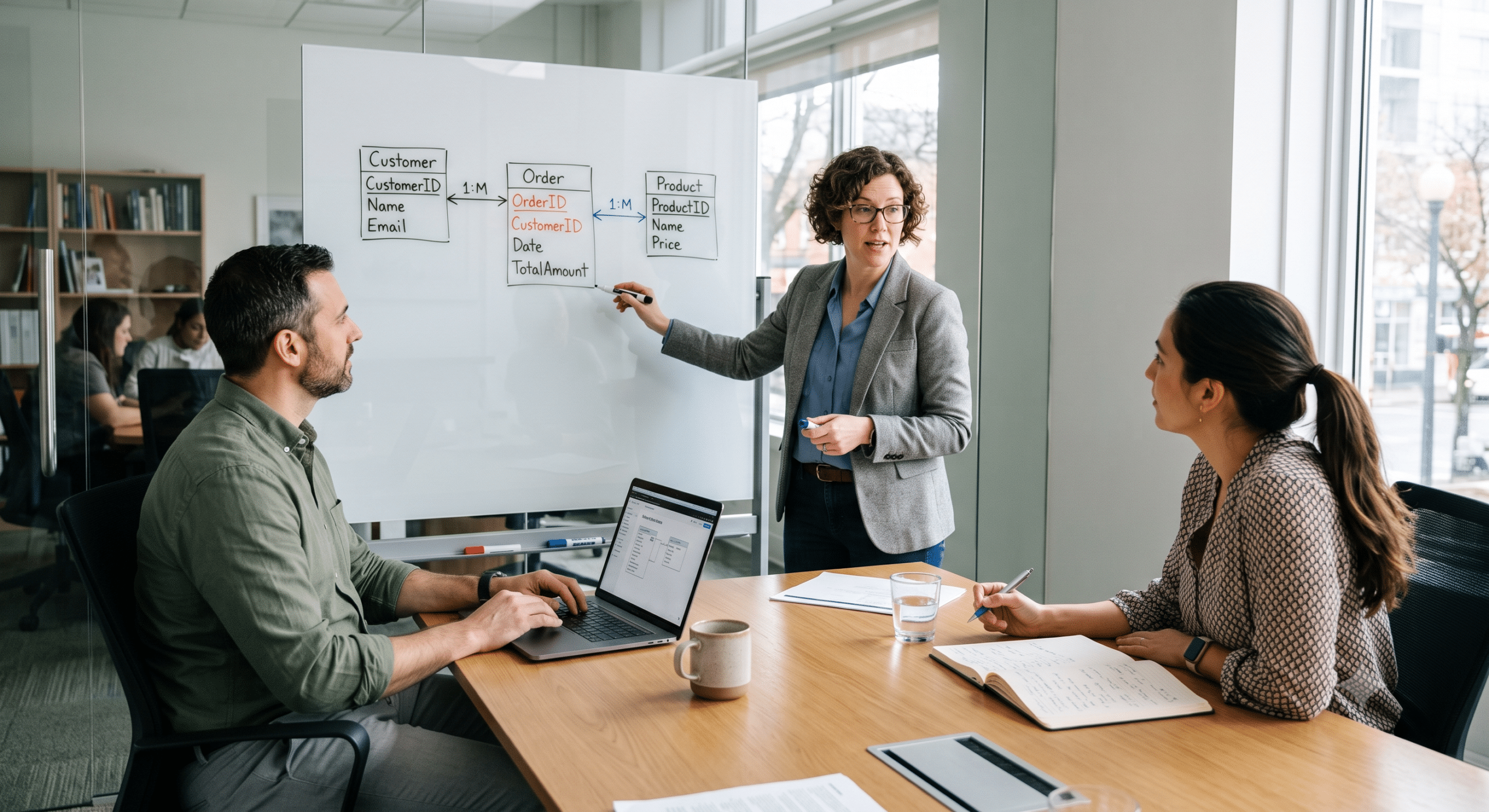 Data architect explaining data modeling concepts using an entity relationship diagram (ERD) to define customer, order, and product relationships for database design.