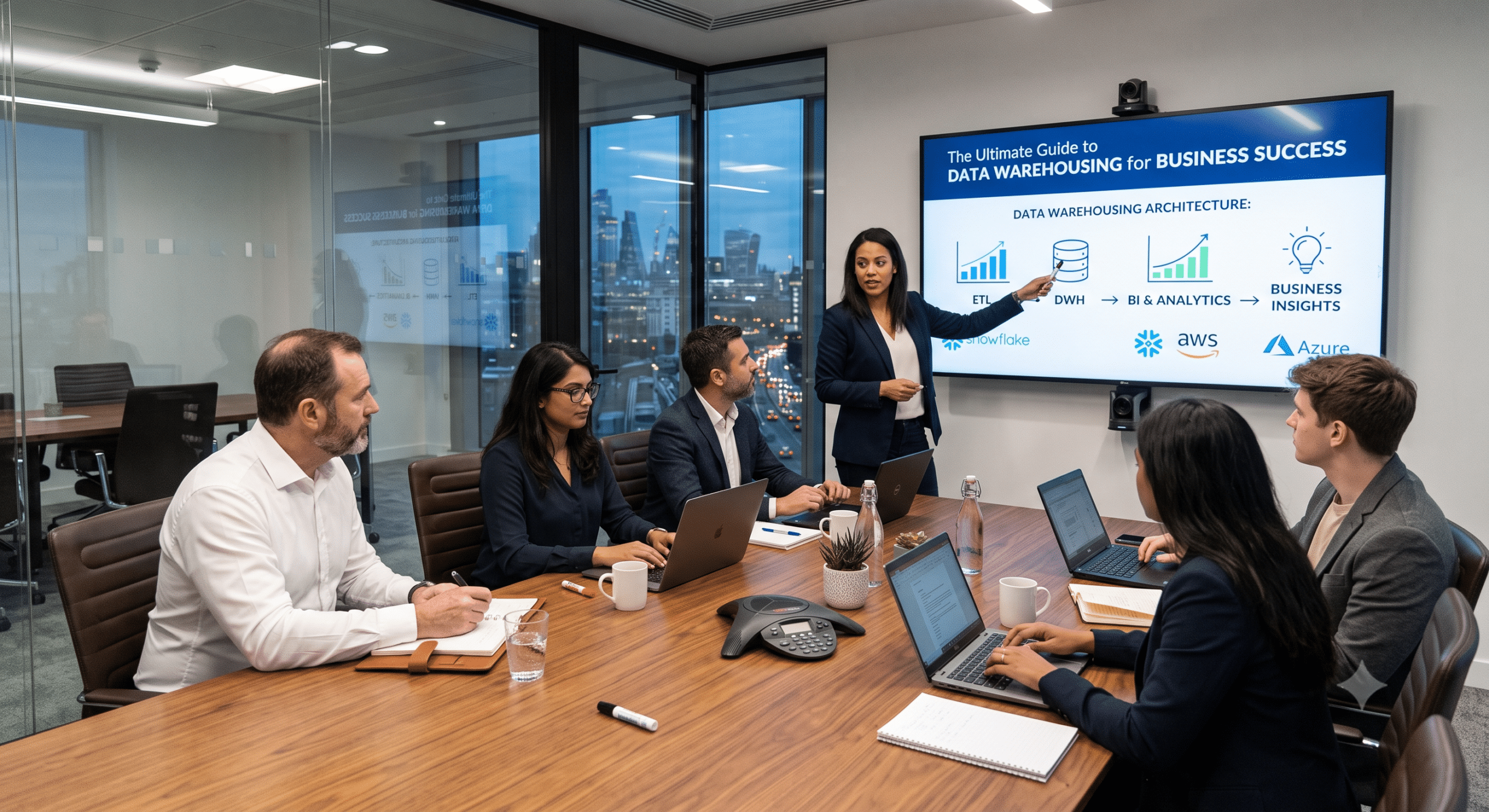 Data architect explaining data warehousing concepts to a business team using ETL, data warehouse architecture, business intelligence, analytics, and cloud platforms.