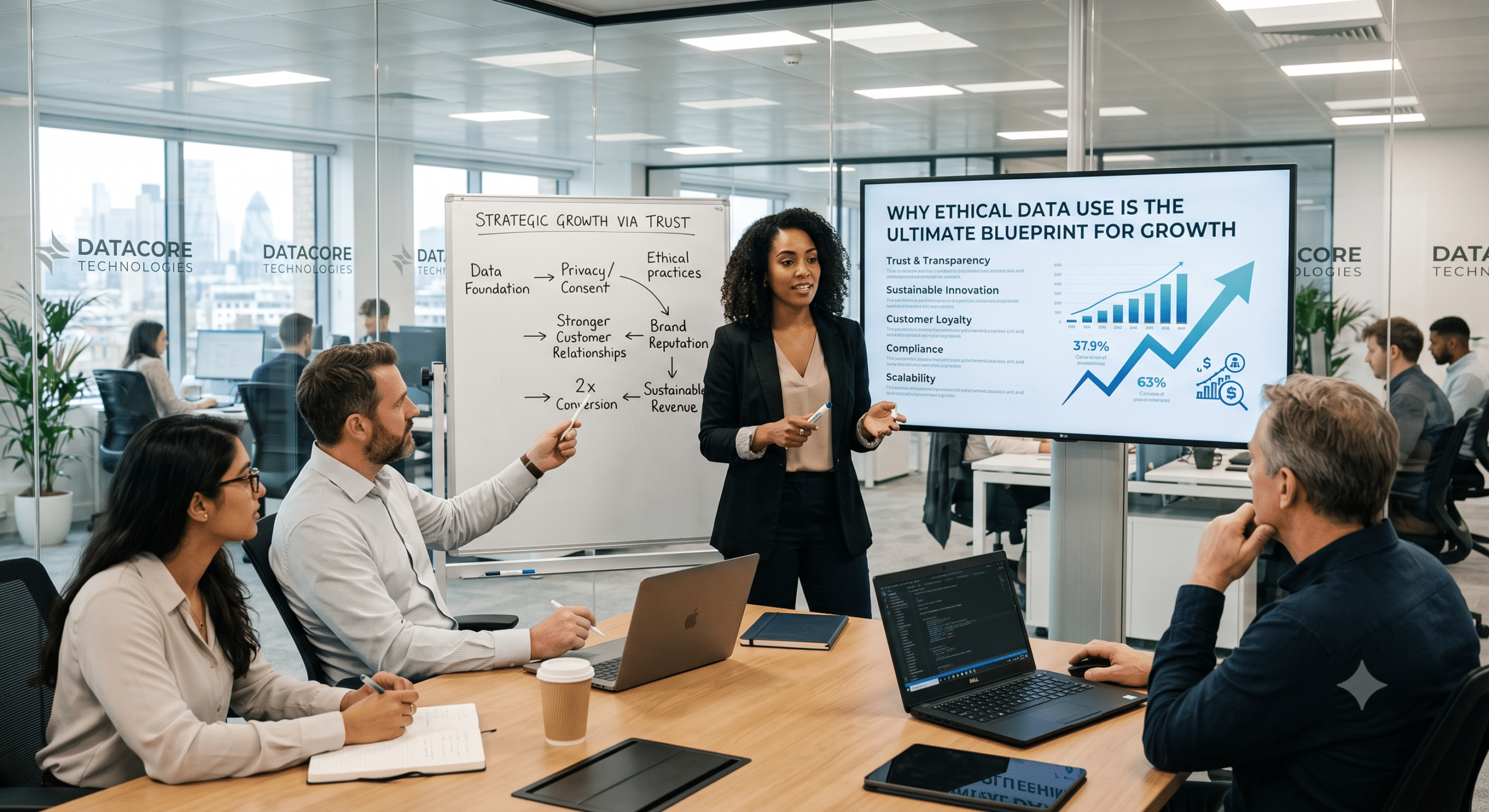 Data governance team discussing ethical data use principles, privacy, consent, transparency, compliance, and responsible data practices to support sustainable business growth.
