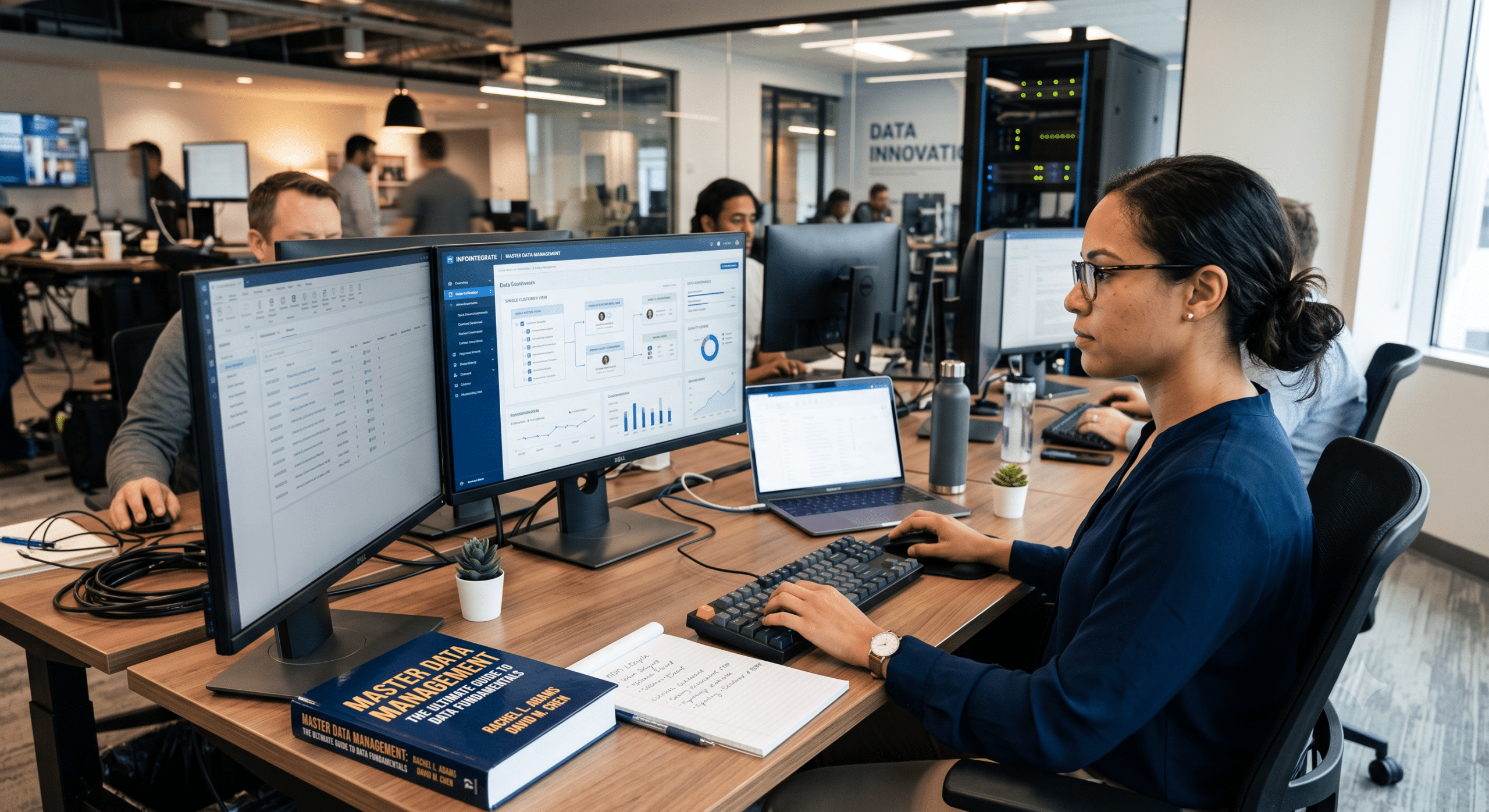 Data professional using a master data management platform to manage enterprise data, monitor data quality, and maintain consistent customer records across business systems.
