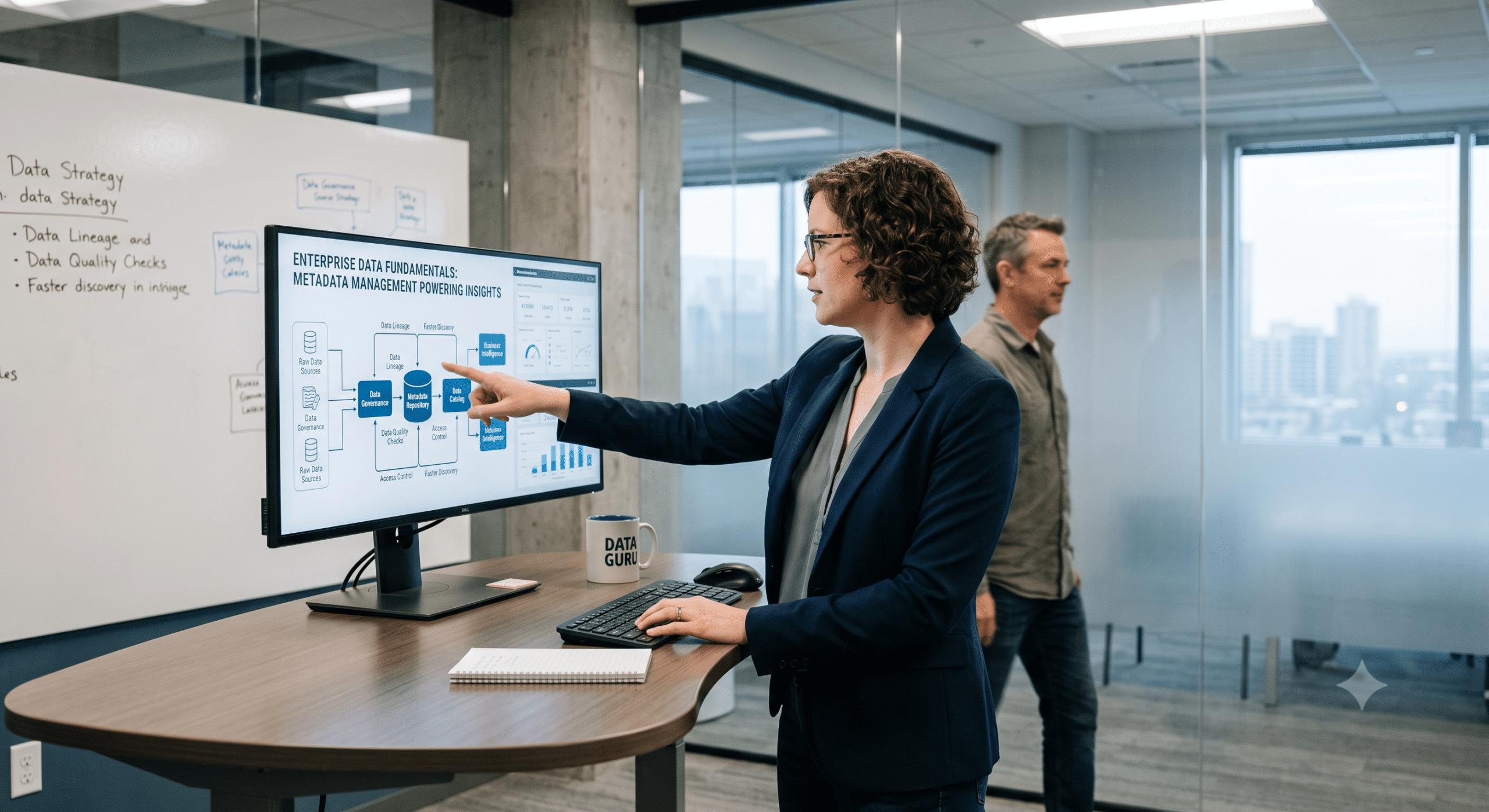 Data management specialist presenting metadata management processes, data governance, data lineage, metadata catalog, and enterprise data quality framework.