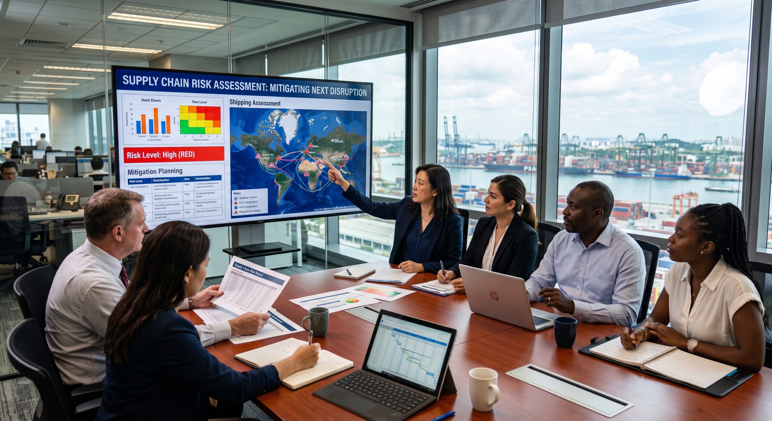 Supply chain risk assessment team reviewing global shipping routes and mitigation plans