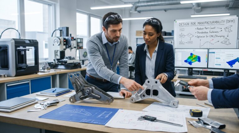 Design for manufacturability review with engineers examining machined metal components and CAD designs