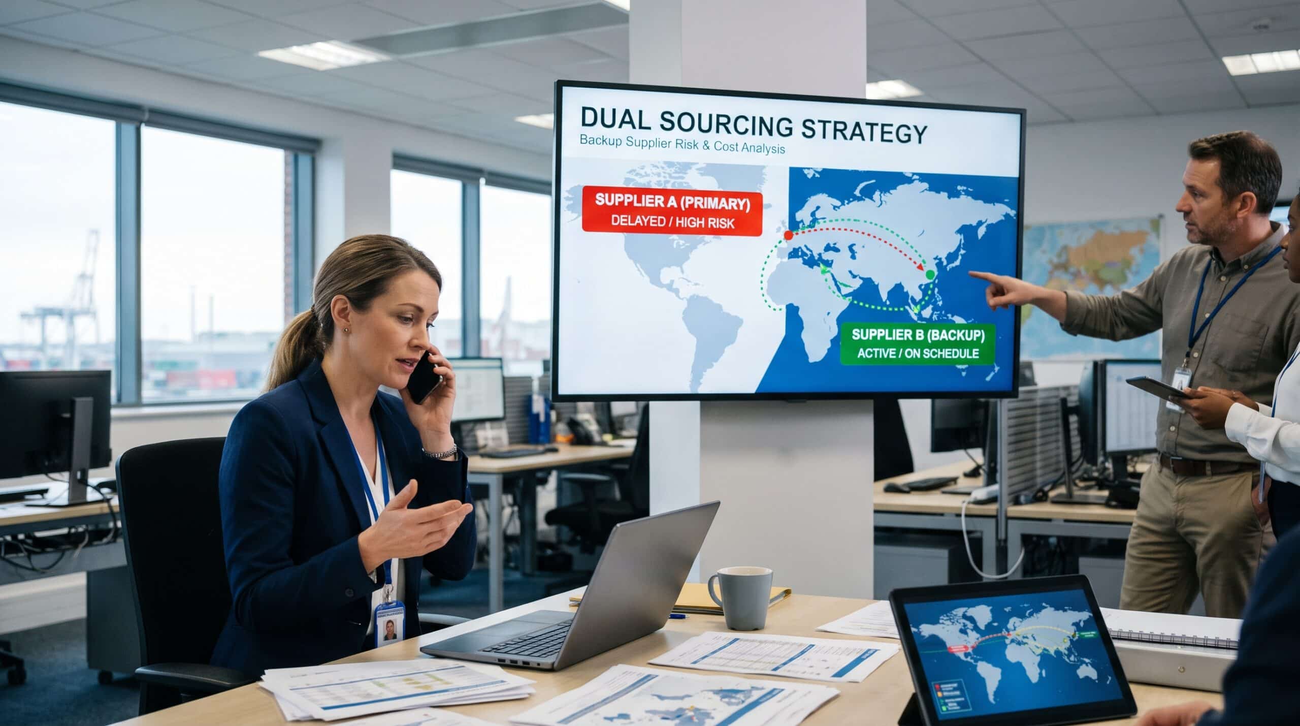 Dual sourcing strategy showing supply chain managers analyzing primary and backup suppliers to reduce procurement risks